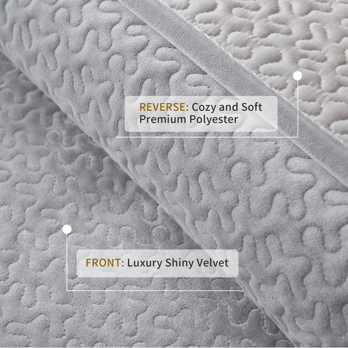 Velvet Quilt Set Queen Size - 3-Piece Lightweight Bedding, Soft Velvet Comforter, Oversized Bedspread Coverlet for All Season, Soft Gray BST326H