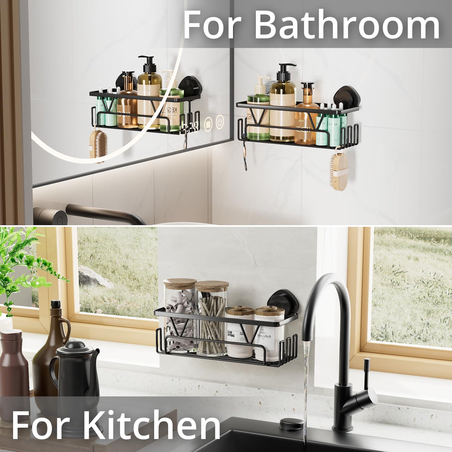 KEGII Shower Caddy Suction Cup with 6 Hooks, Stainless Steel Bathroom Organizer N29