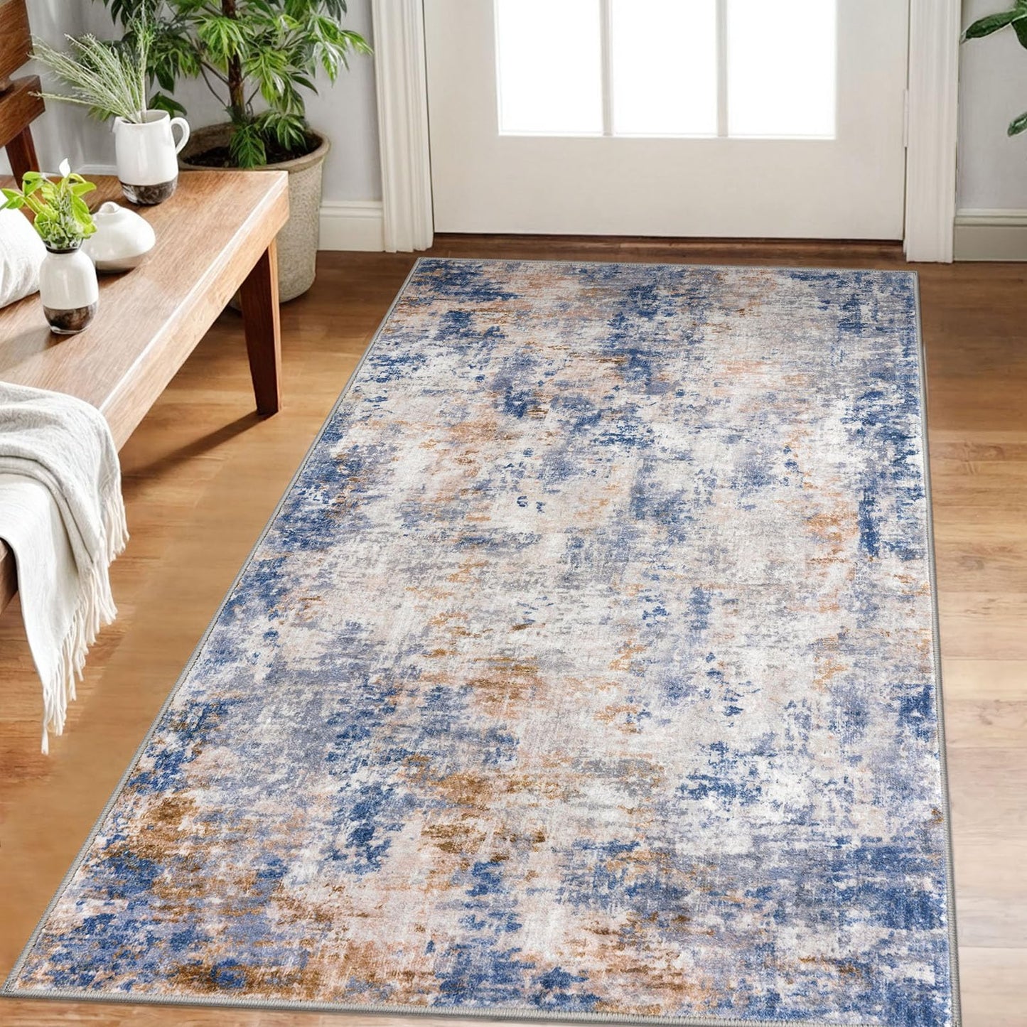 Lansny Modern Abstract Runner - 2x5, Beige Grey Washable Kitchen Entryway Rug Mat Non-Slip Soft Neutral Hallway Rug Thin Print Faux Wool Carpet for Bedroom Laundry Room Indoor BST220