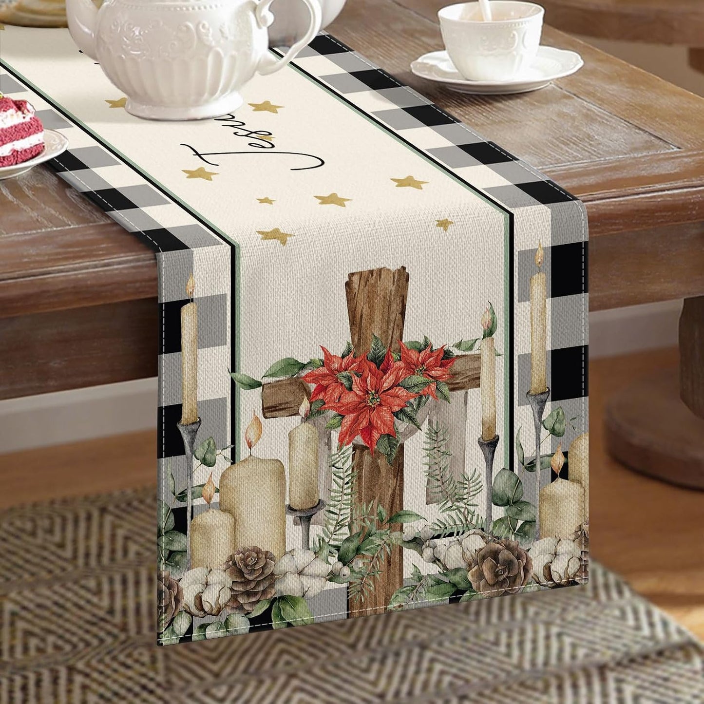 DLZDN Christmas Cross Table Runner Jesus is The Reason for The Season Table Runner Rustic Buffalo Plaid Christmas Winter Religious Home Kitchen Dining Table Home Party Decor 13x72 Inch BST202
