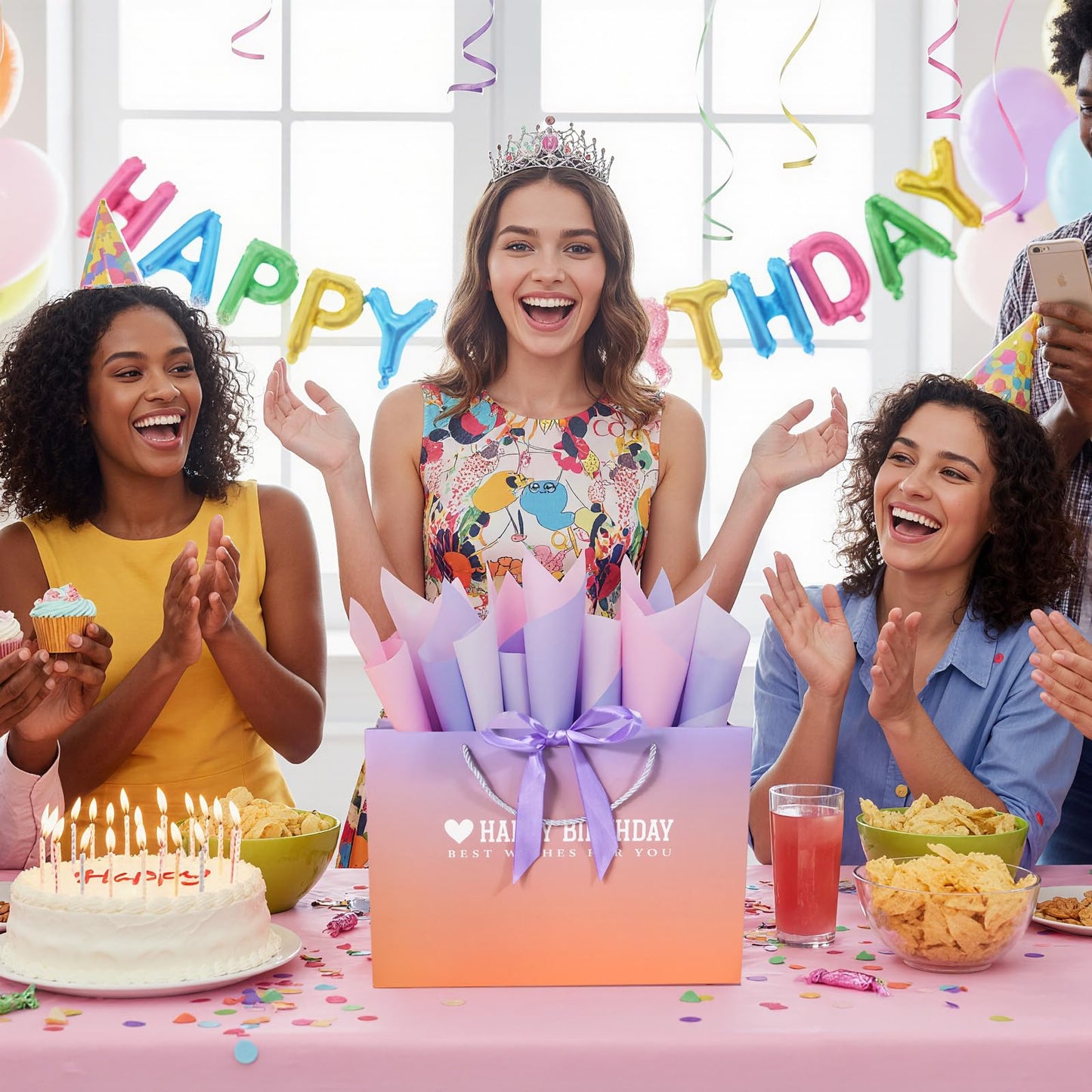 Kecorax Birthday Gift Bag for Women, 14" Large Birthday Bags Set for Girls with Tissue Paper, Card and Ribbons, Suitable for Birthday-themed Parties BST220