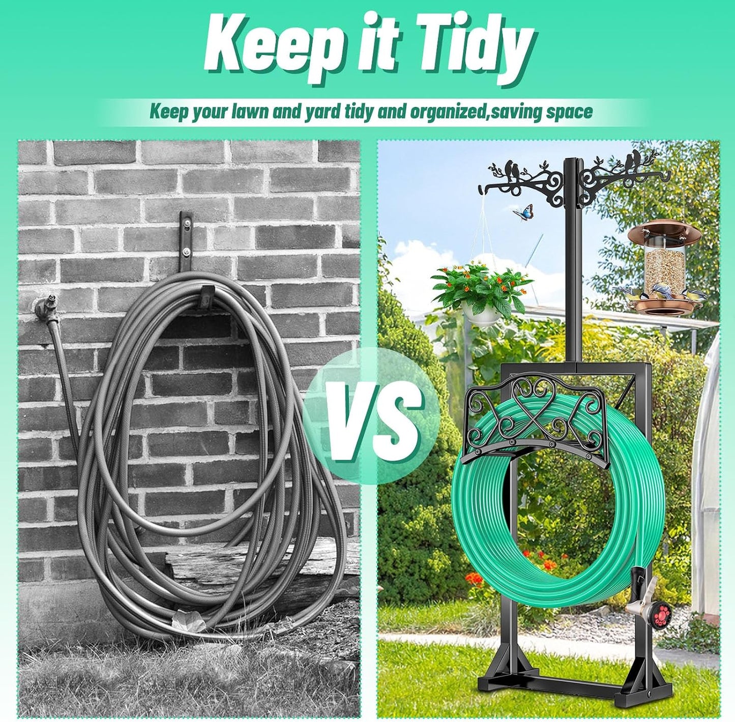 Garden Hose Holder, Freedstanding Heavy Duty Garden Water Hose Holder Stand with 2 Shepherds Hooks, Detachable Metal Hose Storage Hanger Rack for Outside Yard Lawn Farm DD1210