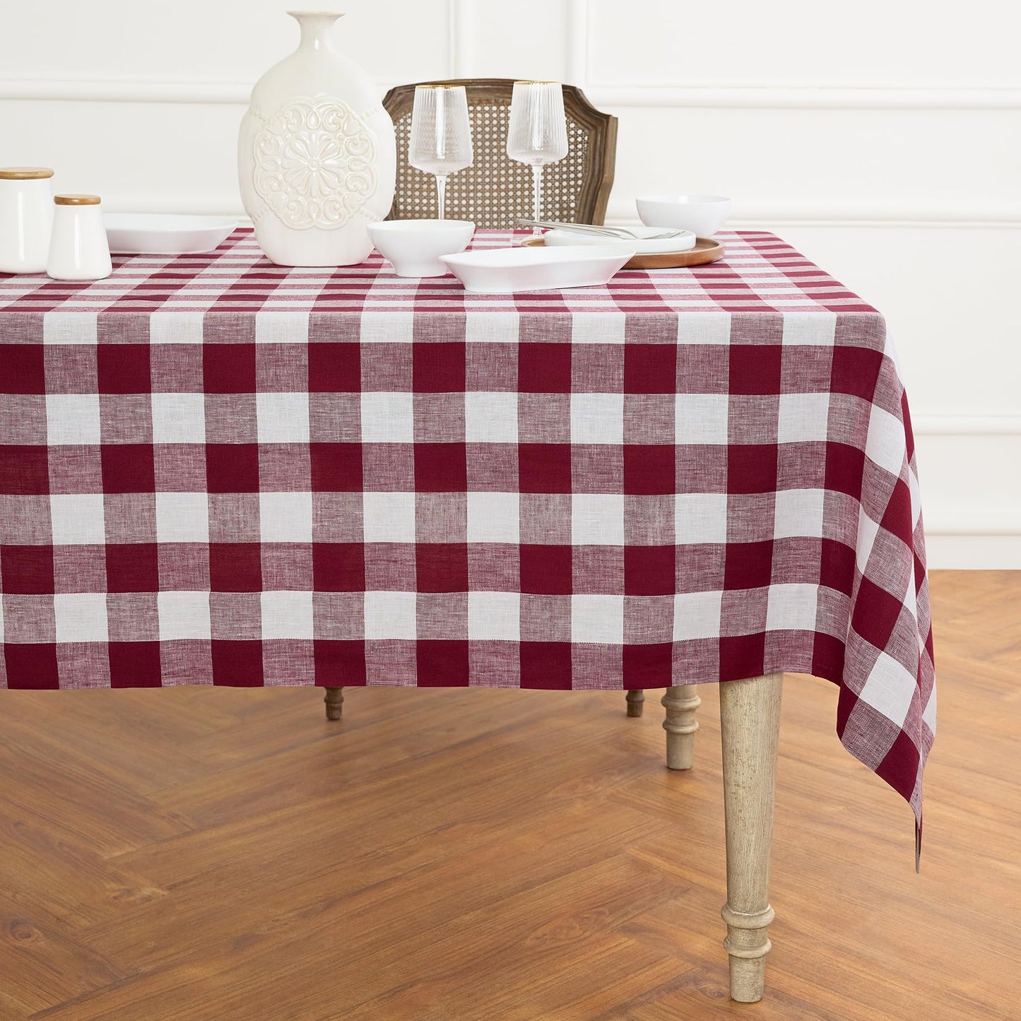 Solino Home 100% Pure Linen Rectangular Tablecloth Pink Check, 60 x 120 in | Buffalo Check Linen Table Cloth for dining and entertaining | buffalo checkered weave | Marshmellow Pink | OEKO-TEX Certified BST326SOLH