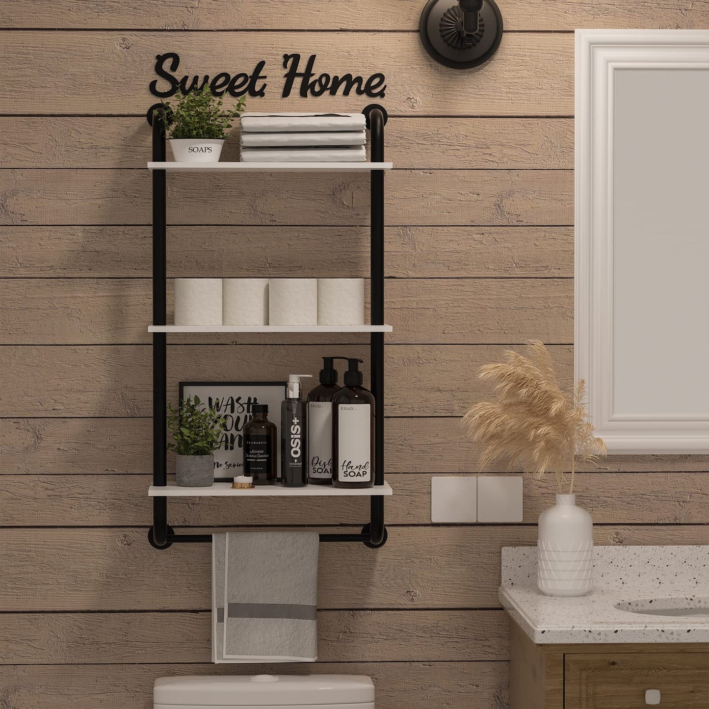 Tinpin Bathroom Shelves Wall Mounted, Rustic Farmhouse Pipe Shelves, Walls Shelf 3-Tier, Industrial Pipe Shelving, Floating Shelf Wall Decor for Bathroom, Kitchen, Bedroom, Living Room 17.3in Black DD1210