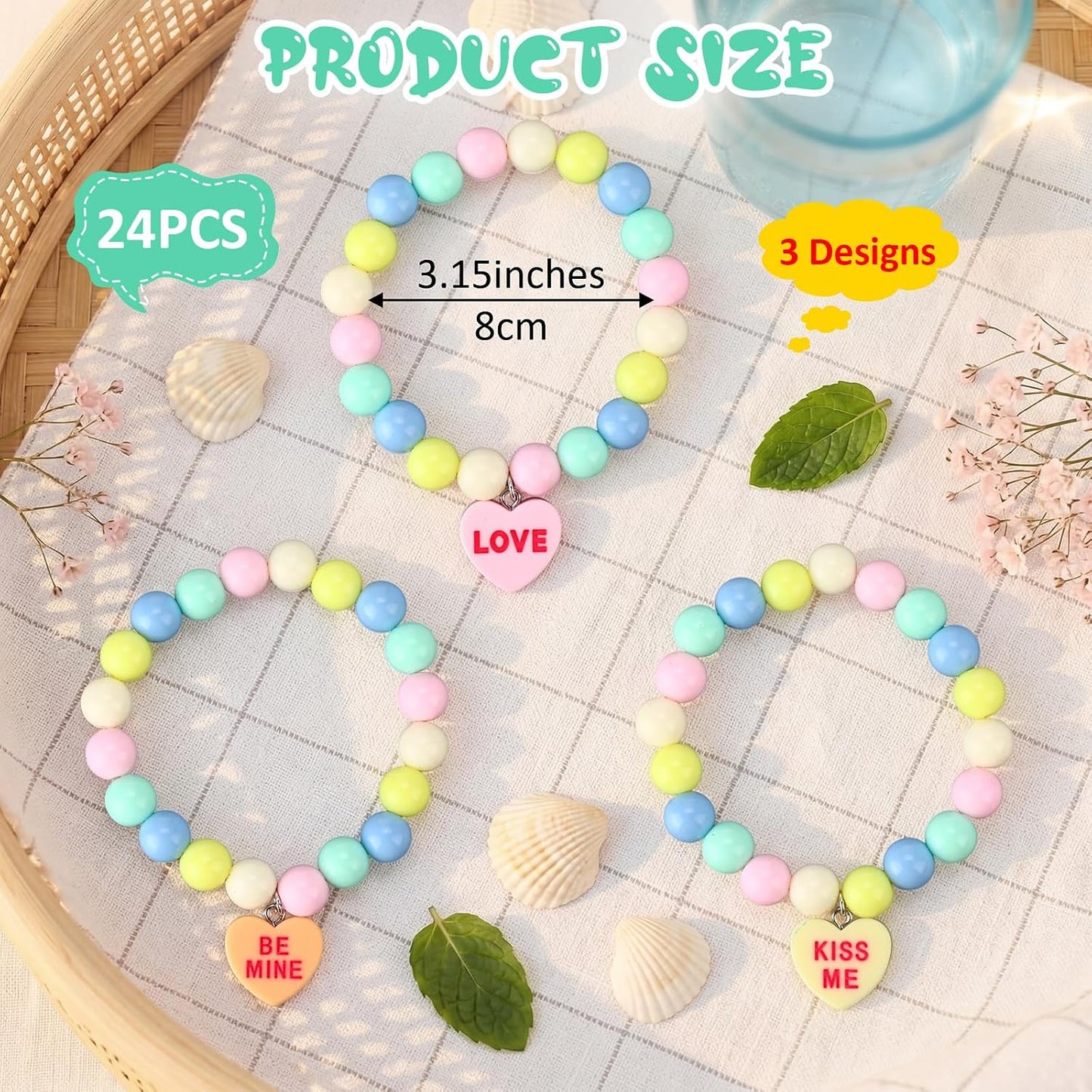 Huquary Happy Birthday Candy Bracelets Bulk Summer Candy Heart Bracelet Gift Plastic Beads Jewelry Love Heart Charm for Birthday Gift Exchange Party Favors BST326L