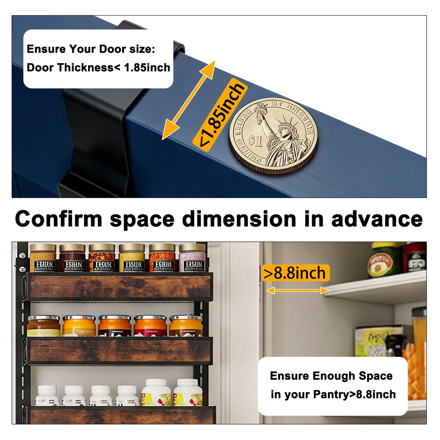8 Tier Over The Door Pantry Orangizer 2 IN 1 Wall Mounted or Hanging Spice Rack with Adjustable Wood Basket,Heavy Duty Seasoning Storage Shelf for Kitchen Pantry and Bathroom BST220