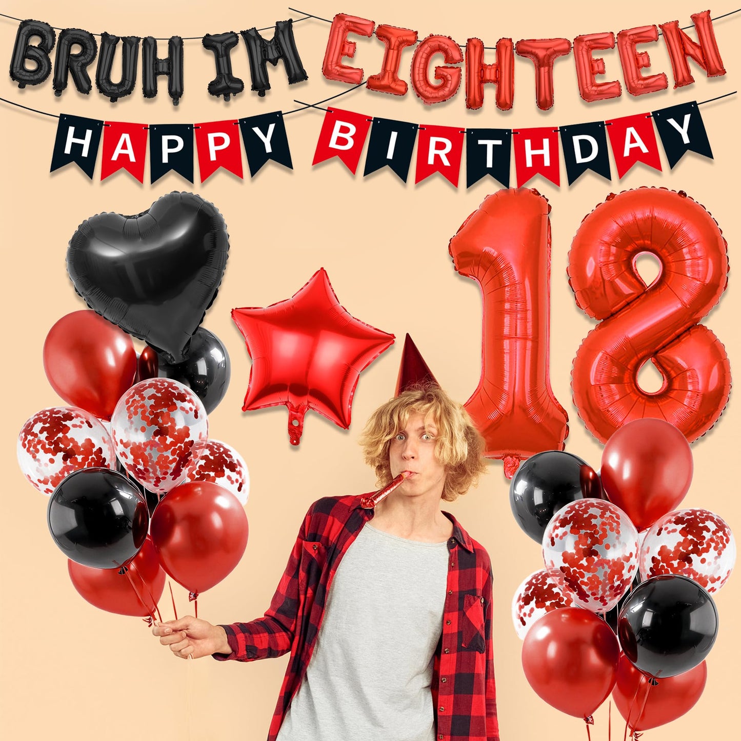 9th Birthday Decorations Boys Kit - 27 Pcs Red and Black Bruh Im Nine Balloon Banners Happy Birthday Fishtail Flags Number 9 Balloon Star Heart Balloons Set for 9 Year Old Party Decoration Supplies BST202