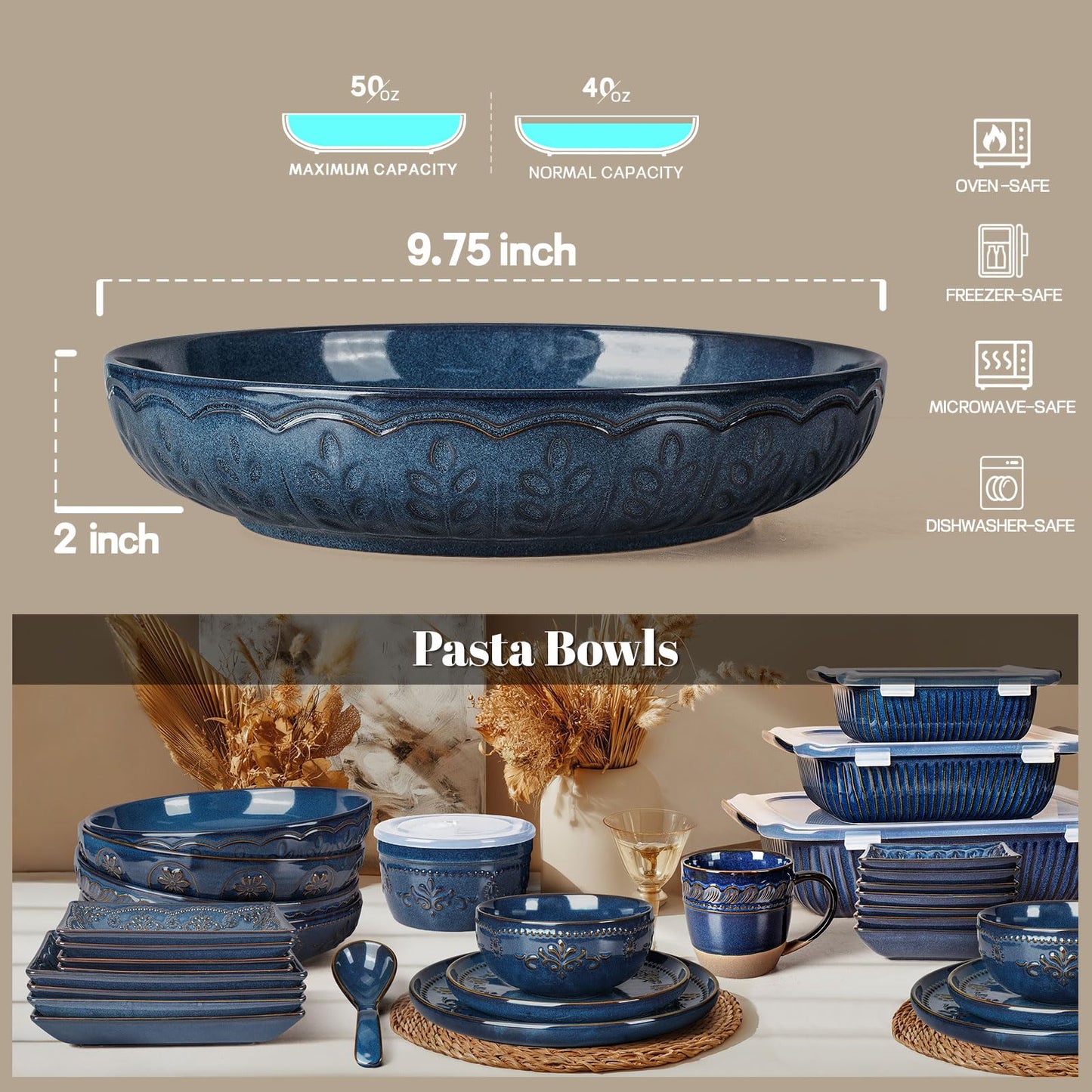 Artena Pasta Bowls, 50oz Large Salad Serving Bowls, 9.75'' Plates Bowls Set of 4, Big White Ceramic Soup Bowls for Kitchen, Embossment Shallow Dinner Bowl, Microwave Dishwasher Safe, Willow Leaf BST326H