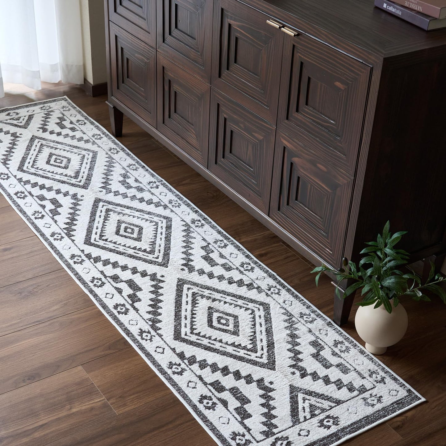 Moroccan Washable Area Rug 3x5, Geometric Tribal Decorative Woven Rug, Non-Slip Boho Farmhouse Soft Low-Pile Area Rug for Living Room Bedroom Nursery Dining Table, Dark Brown/White BST326H
