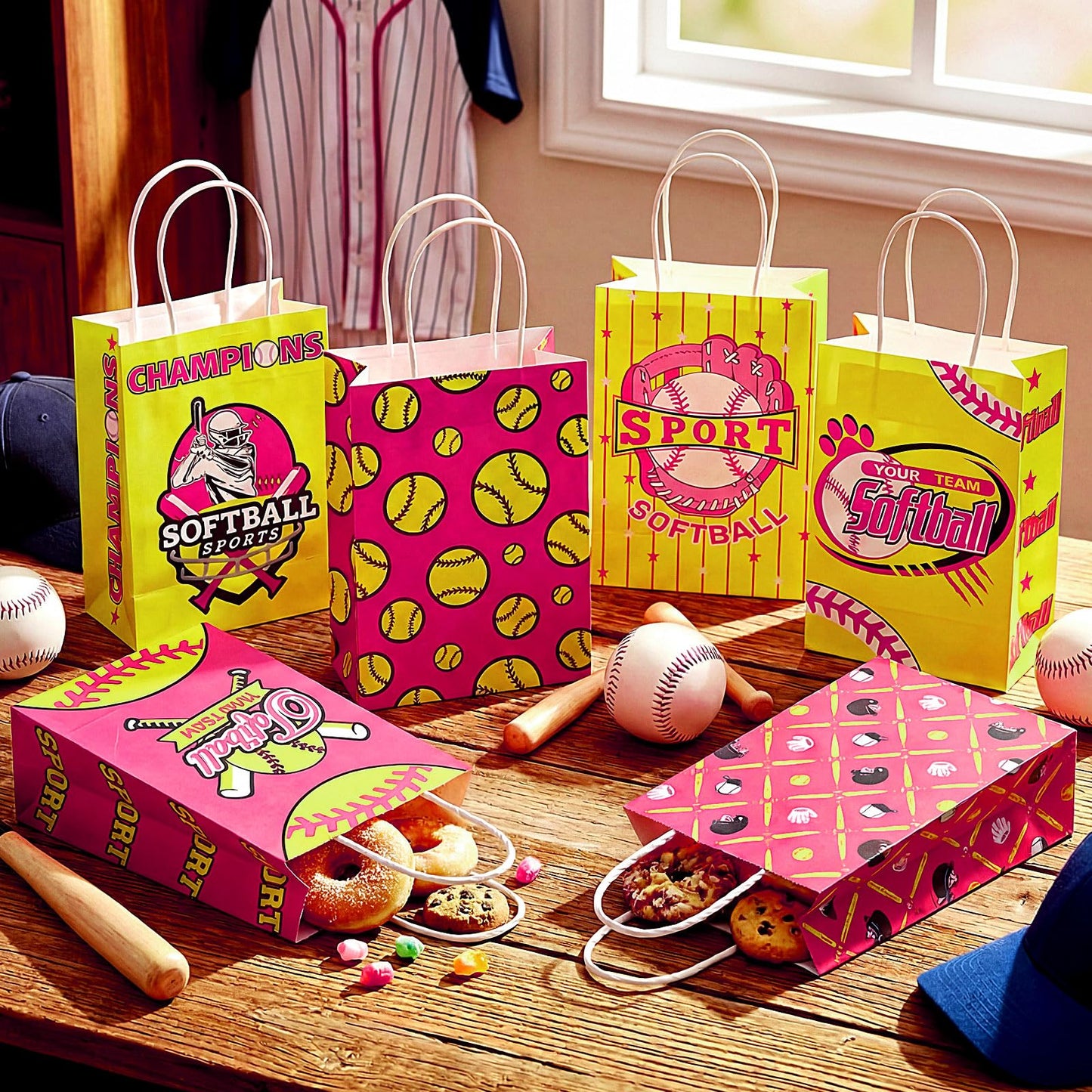 MotiMind 24 Pcs Softball Party Favor Bags Black Yellow Softball Themed Goodie Gift Wrapping Paper Bags with Handles Portable Sports Ball Candy Treat Pouch for Birthday Party Decorations Supplies BST326H
