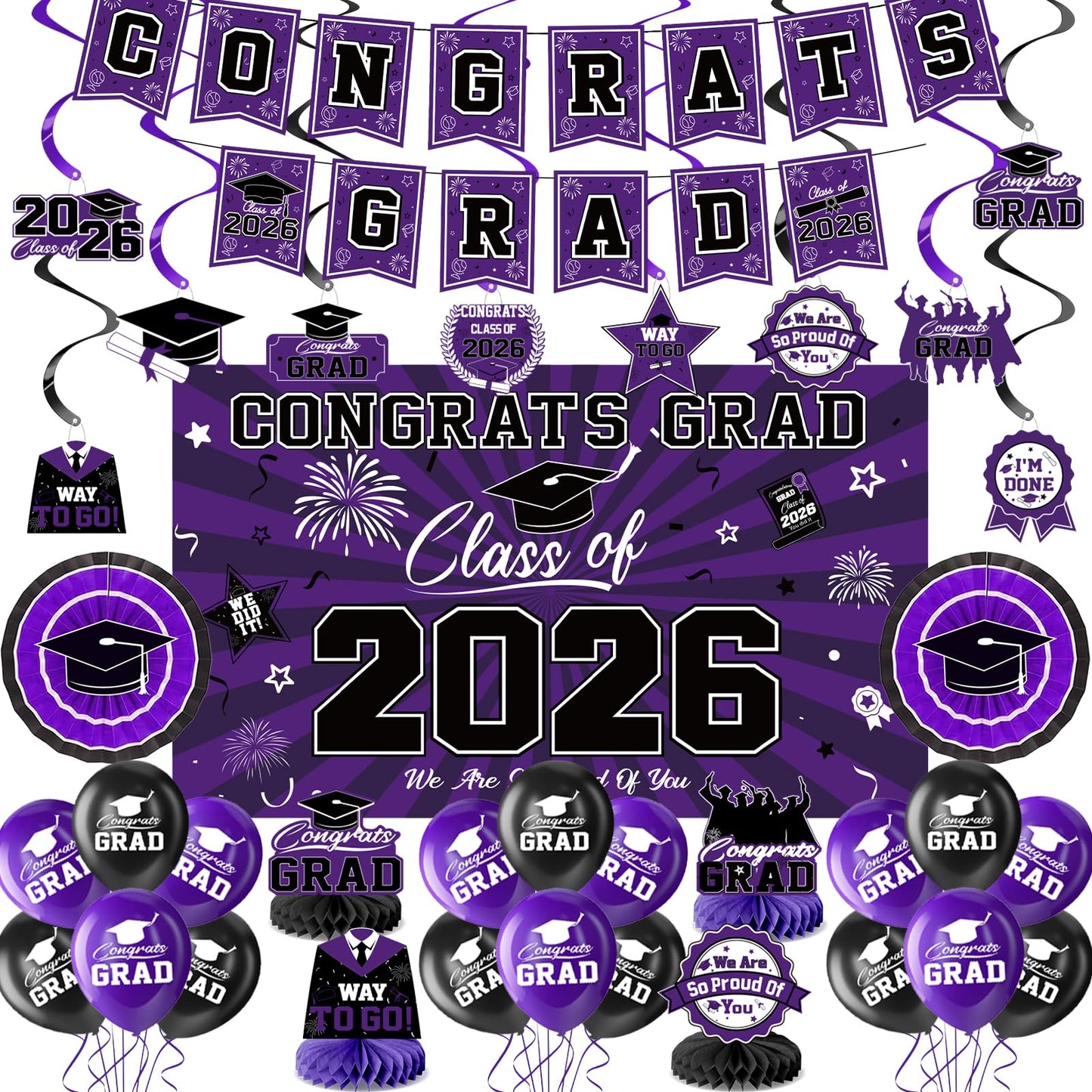 Graduation Decorations 2026-Blue and Black Graduation Party Decorations Supplies Class of 2026 with Graduation Banner, Backdrop, Balloons, Centerpieces, Hanging Swirl for Grad Party BST326H