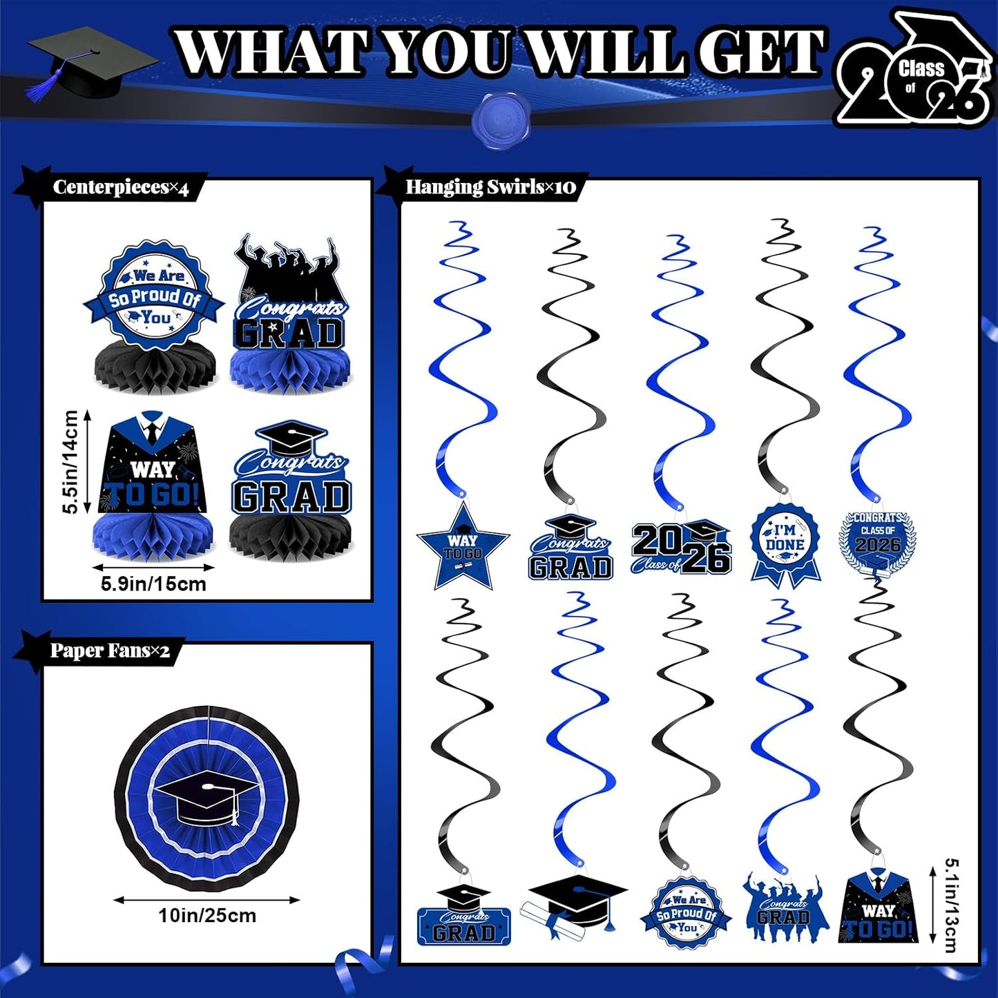Graduation Decorations 2026-Blue and Black Graduation Party Decorations Supplies Class of 2026 with Graduation Banner, Backdrop, Balloons, Centerpieces, Hanging Swirl for Grad Party BST326H