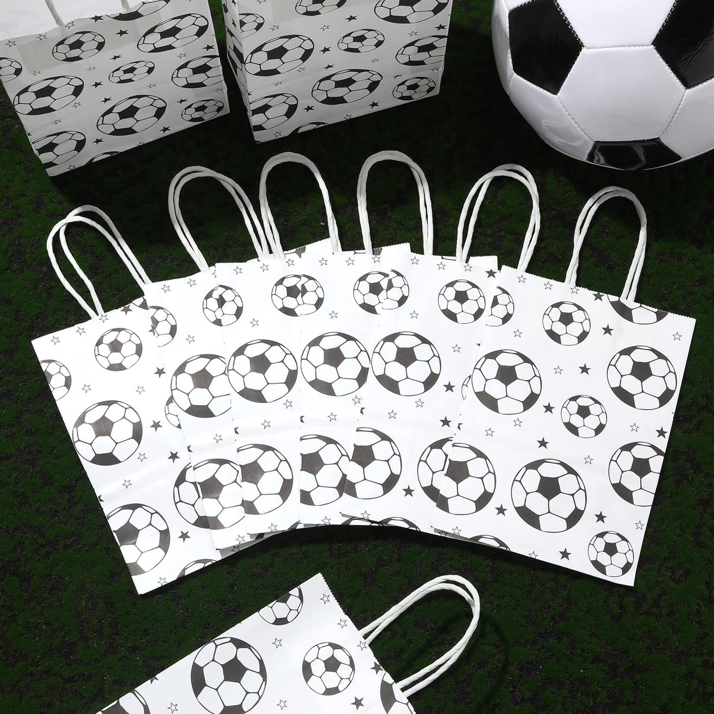 16pcs Soccer Party Favor Paper Bags - Green Football Gift Bags with Handles for Kids & Adults Team Soccer Party Goodie Snacks Treat Supplies WN420