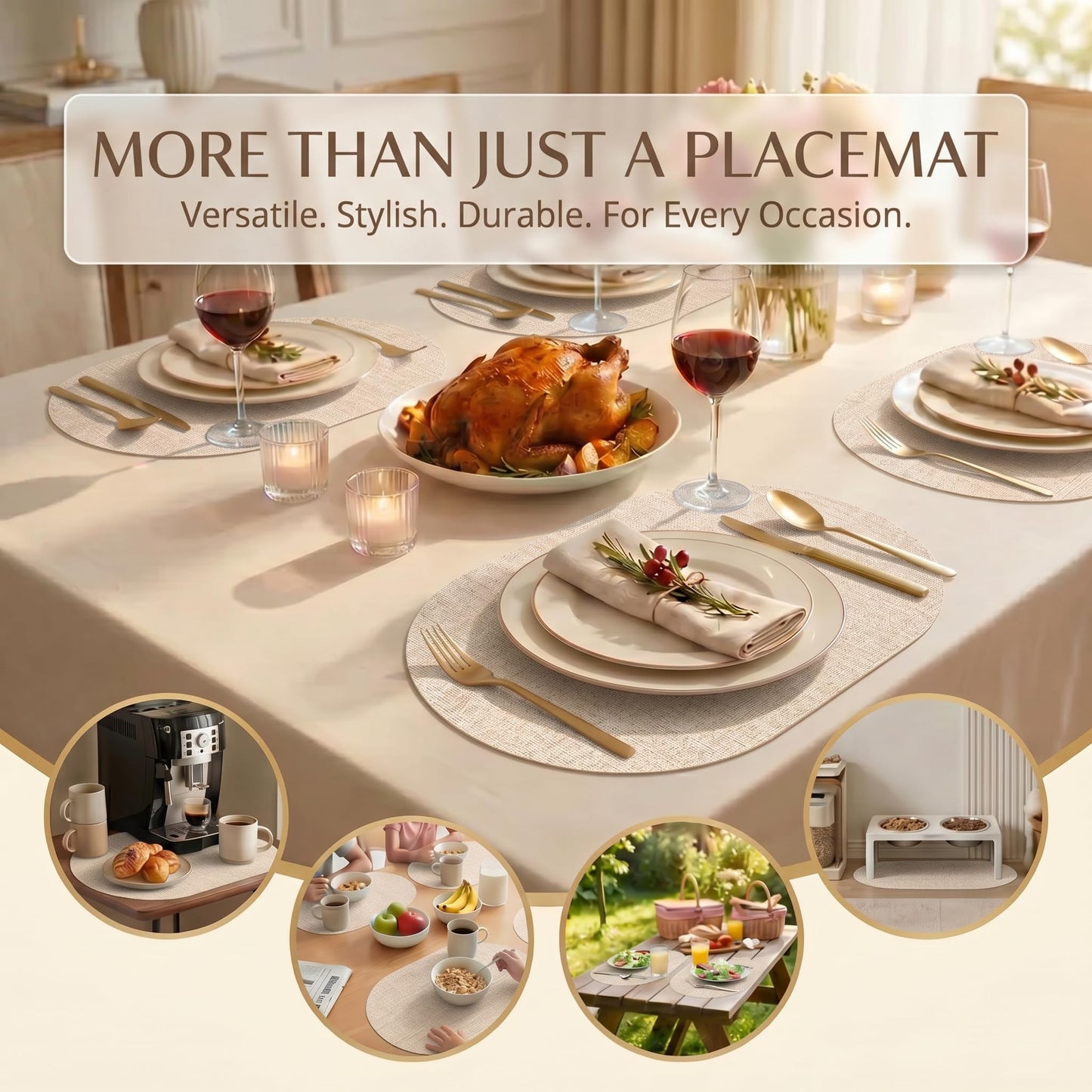 Faux Leather Placemats Set of 6, Wipeable Waterproof Stain Resistant Table Mats, Heat Resistant Thick Placemats with Hand-Painted Edges for Kitchen Dining, Imitative Linen Texture, Various Shapes BST326H