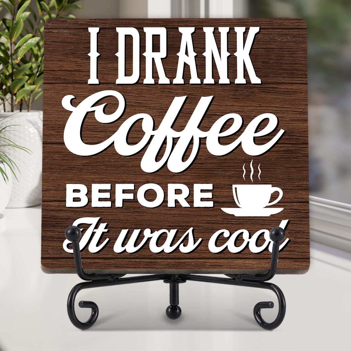 Coffee Bar Decor, Farmhouse Kitchen Table Decor, Coffee Station Accessories, Wooden Decorative Sign with Iron Stand for Table Desk Shelf Display-E21 BST220