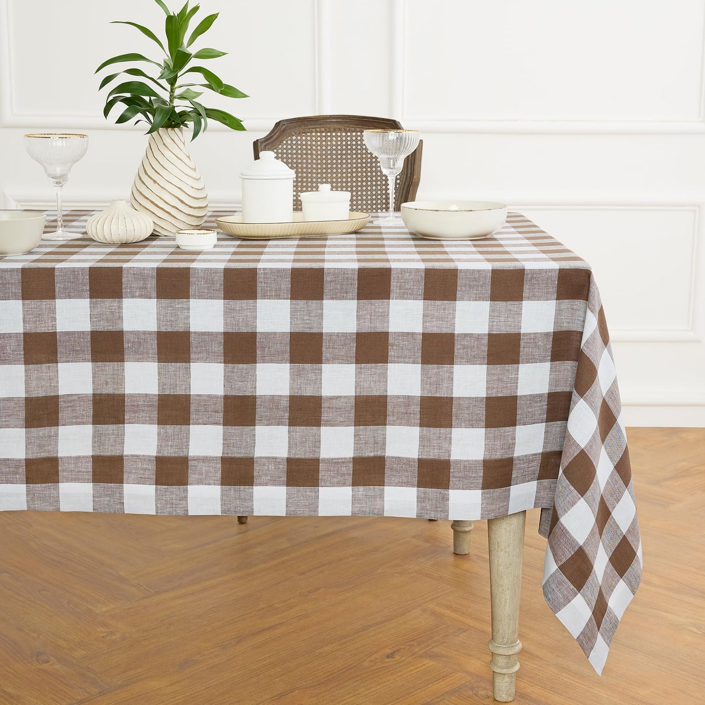 Solino Home 100% Pure Linen Rectangular Tablecloth Pink Check, 60 x 120 in | Buffalo Check Linen Table Cloth for dining and entertaining | buffalo checkered weave | Marshmellow Pink | OEKO-TEX Certified BST326SOLH