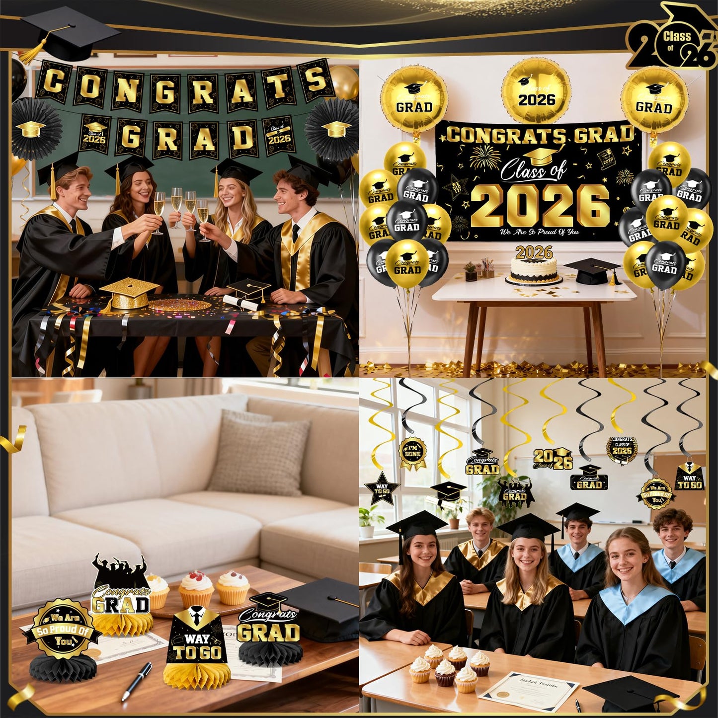 Graduation Decorations 2026-Blue and Black Graduation Party Decorations Supplies Class of 2026 with Graduation Banner, Backdrop, Balloons, Centerpieces, Hanging Swirl for Grad Party BST326H