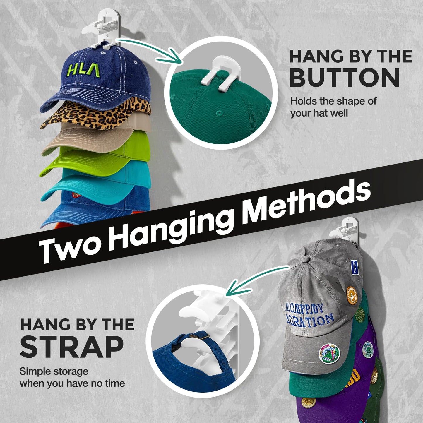 Hat Hook for Wall, 2 Pack Hat Organizer Hold up to 20 Hats,Hat Holder with Strong Adhesive and 8 Pack Screws, Cap Holder Hat Hangers for Wall Closet Door and Bedroom(B-Black) BST220