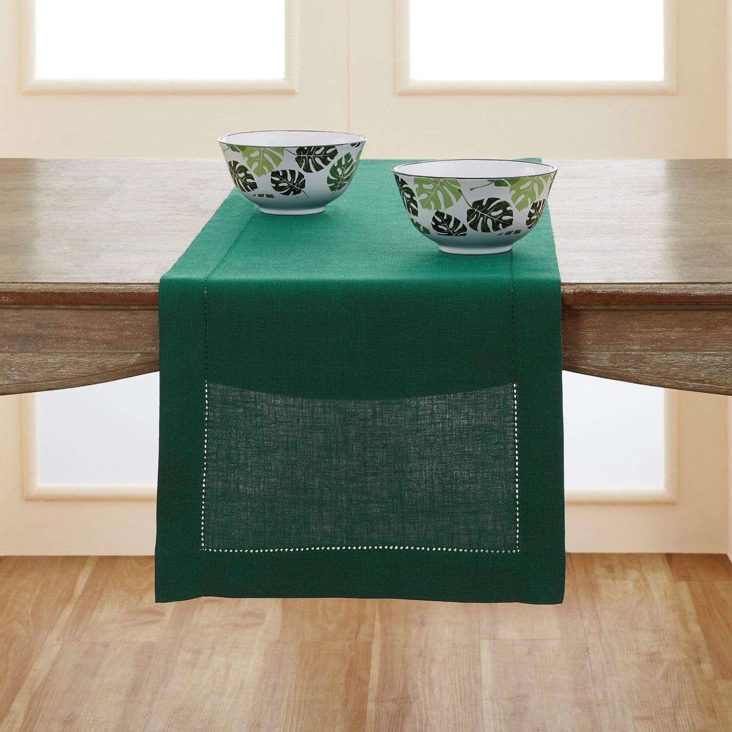 Solino Home 100% Pure Linen Table Runner Garden Green Hemstitch, 14 x 48 in | Classic Hemstitch Table Runners for dining, hallway and console table styling | hand hemstitched borders | OEKO-TEX Certified BST326SOLH