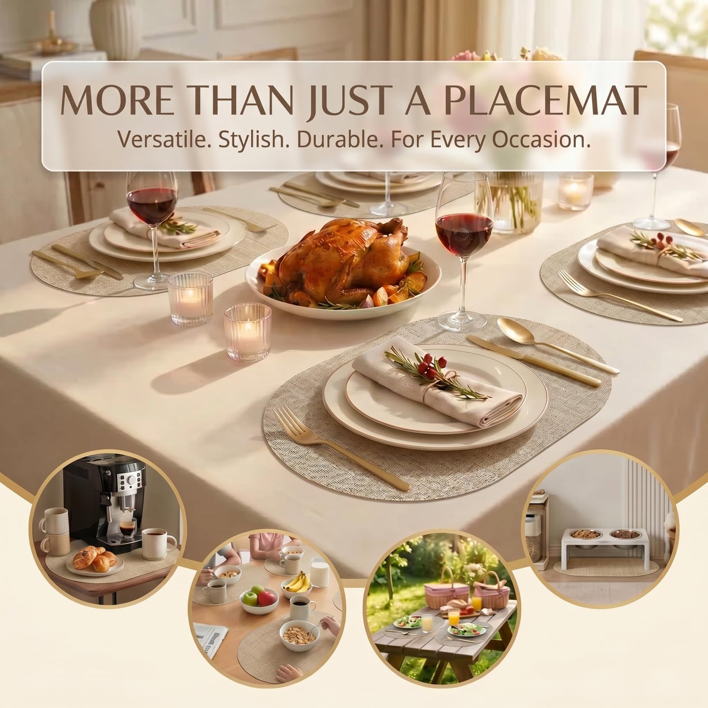 Faux Leather Placemats Set of 6, Wipeable Waterproof Stain Resistant Table Mats, Heat Resistant Thick Placemats with Hand-Painted Edges for Kitchen Dining, Imitative Linen Texture, Various Shapes BST326H