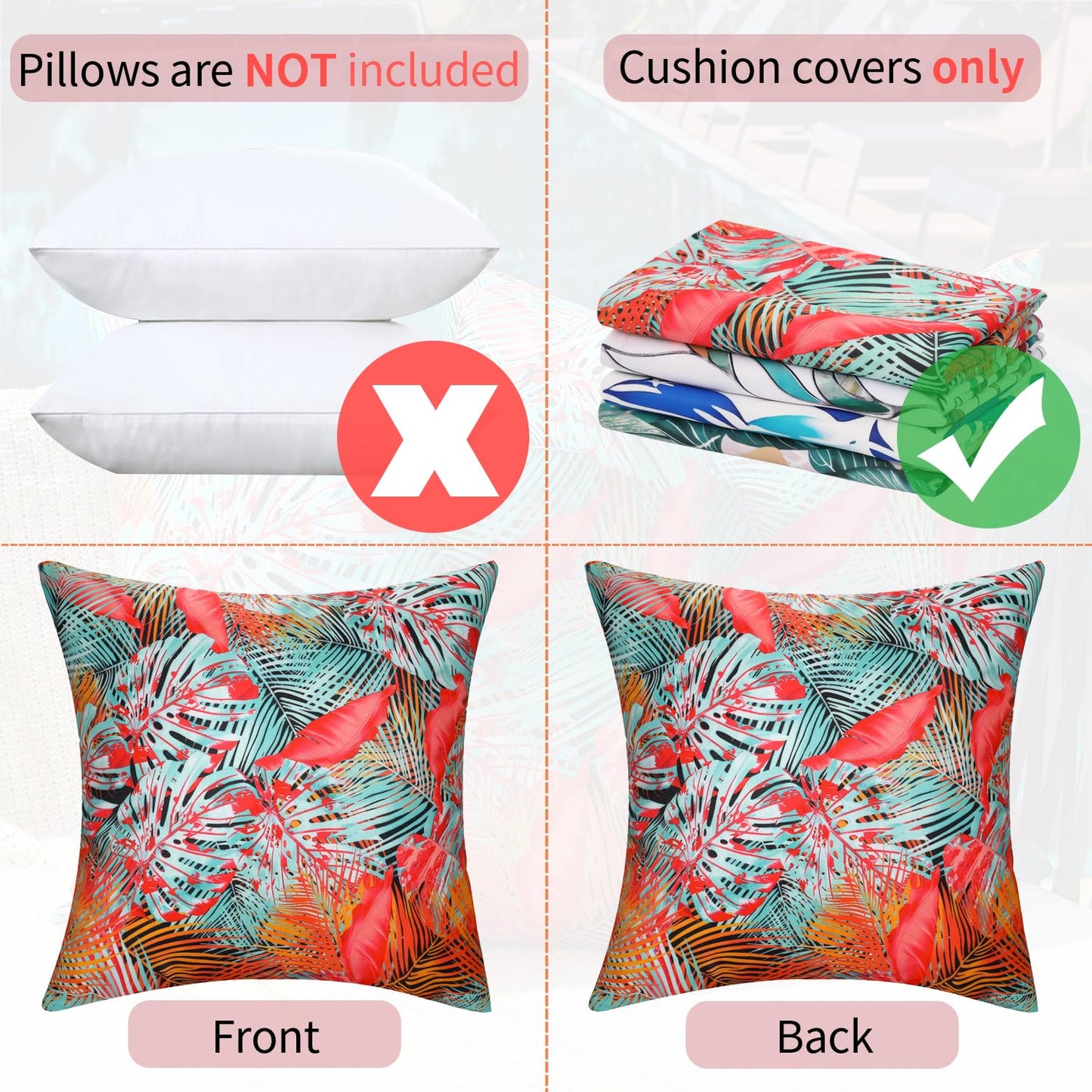 Outdoor Waterproof Pillow Covers Summer Decorative Throw Pillow Covers Tropical Leaf Couch Covers 20x20 Set of 2 Square Outdoor Floral Cushion Cases for Patio Furniture Garden Tent Balcony Bench BST220