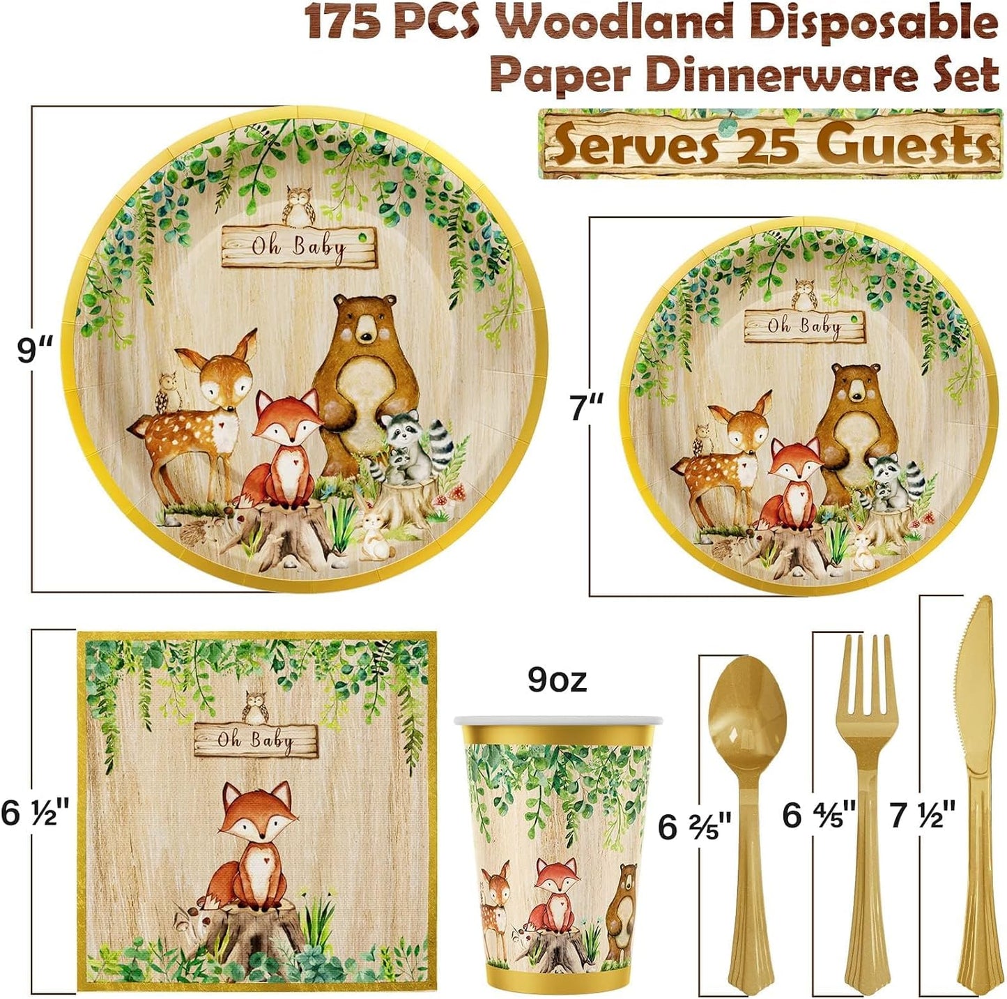 Woodland Baby Shower Decorations Supplies - 175PCS Forest Animal Disposable Dinnerware Set (25 Guest) With Gold Paper Plates Cups Napkins Plastic Fork Knives Spoon for Baby Boy Birthday Party BST326H