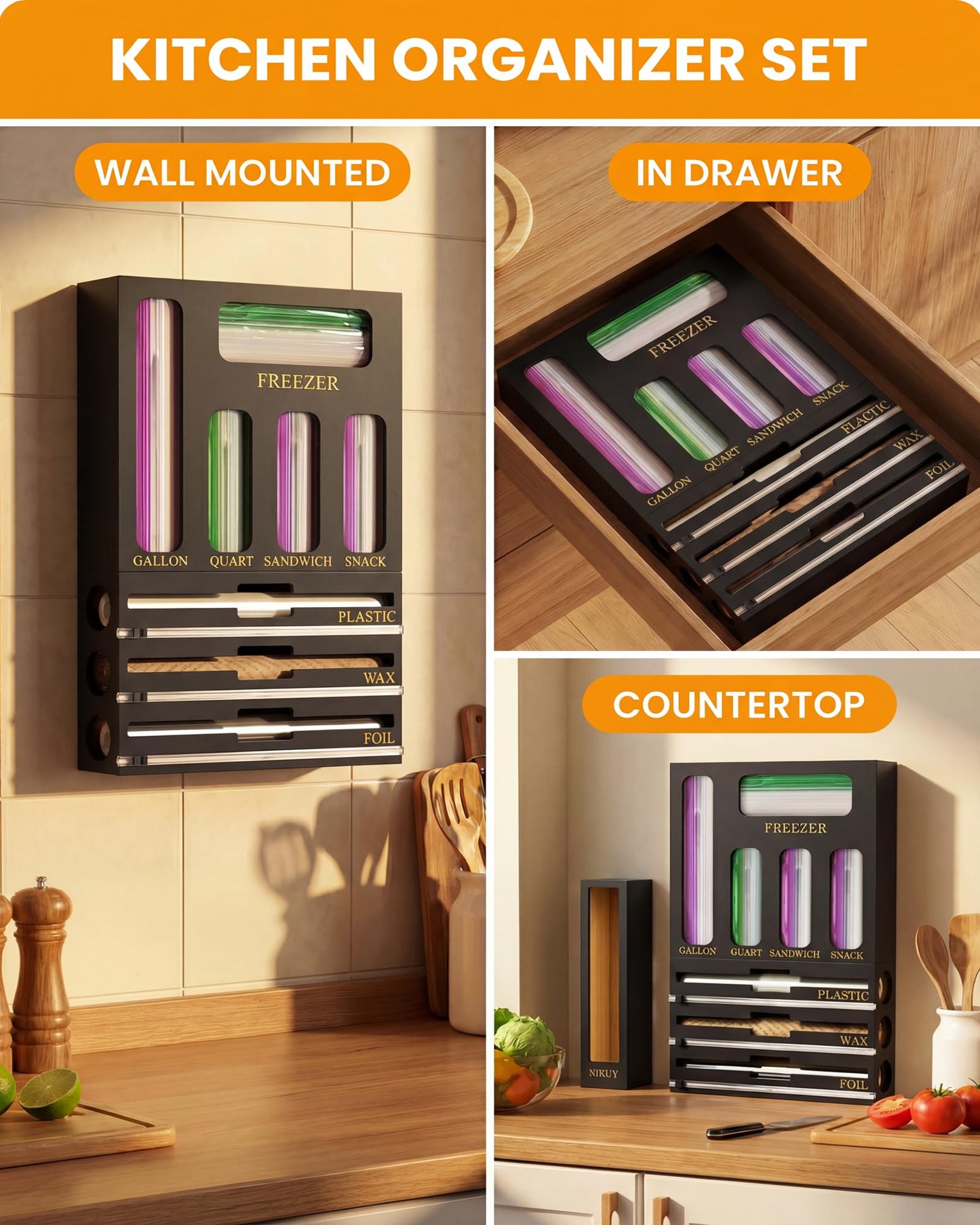 Bamboo Foil and Plastic Wrap Organizer for Kitchen Drawer, 9 in 1 Plastic Bag Organizer Organization and Storage, Food Storage Bag Organizer with Labels for Quart Gallon Snack (White) DD1210