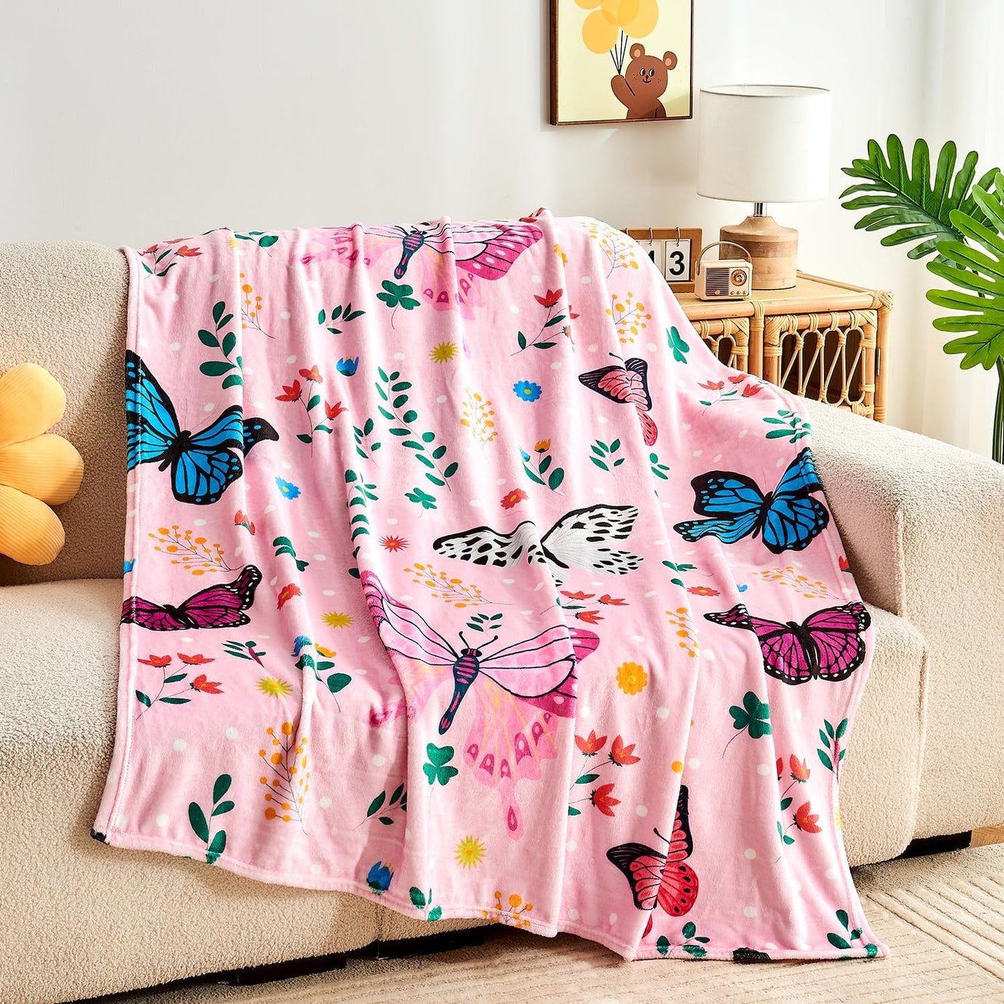Butterfly Kids Throw Blanket for Girls Teens Toddler Pink Soft Fuzzy Flannel Bed Blanket Colorful Flowers Birthday Gifts for Women Girls Kids Teens Adults, 60”x80” BST326H