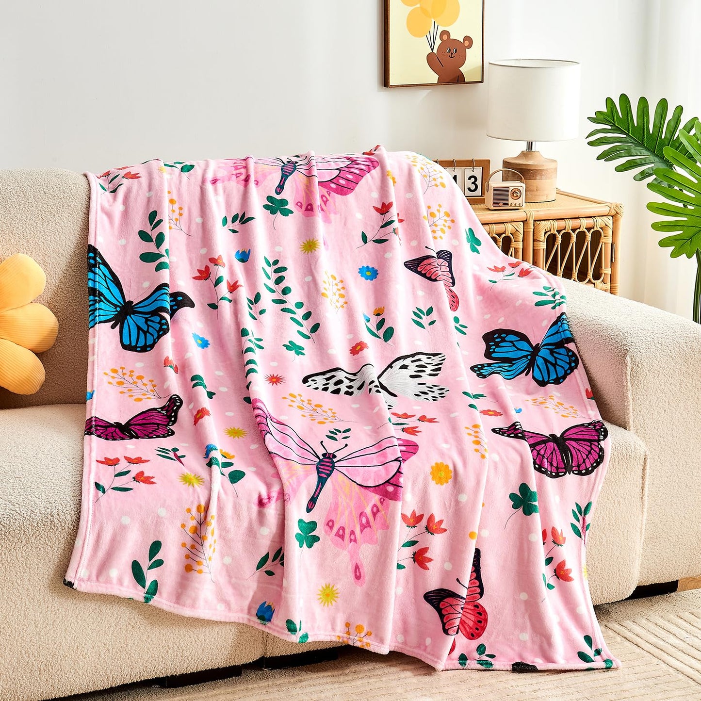 Butterfly Kids Throw Blanket for Girls Teens Toddler Pink Soft Fuzzy Flannel Bed Blanket Colorful Flowers Birthday Gifts for Women Girls Kids Teens Adults, 60”x80” BST326H