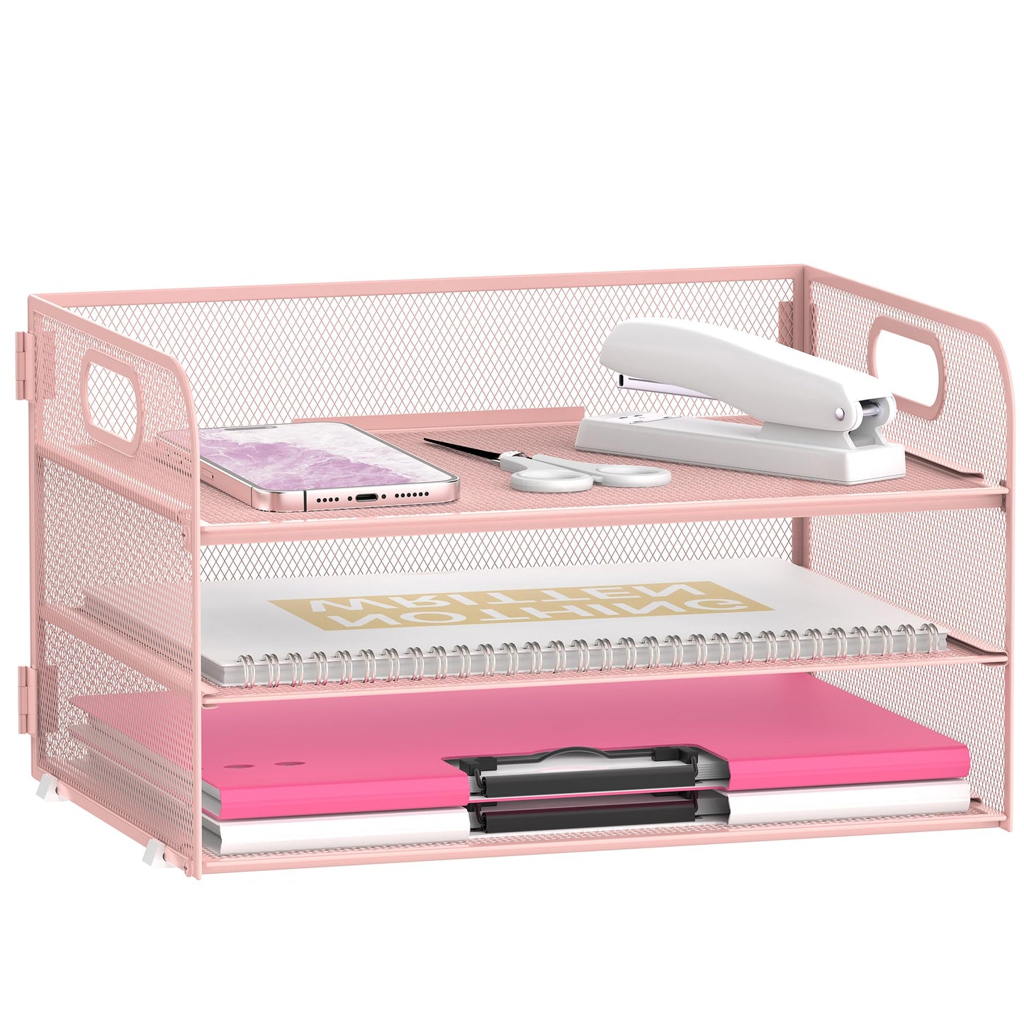 DALTACK 3 Tier Paper Organizer with Handle, Mesh Metal Desk Organizer with Sliding Paper Trays for Letter/A4 Paper, Mail, Bills & Folders, Pink