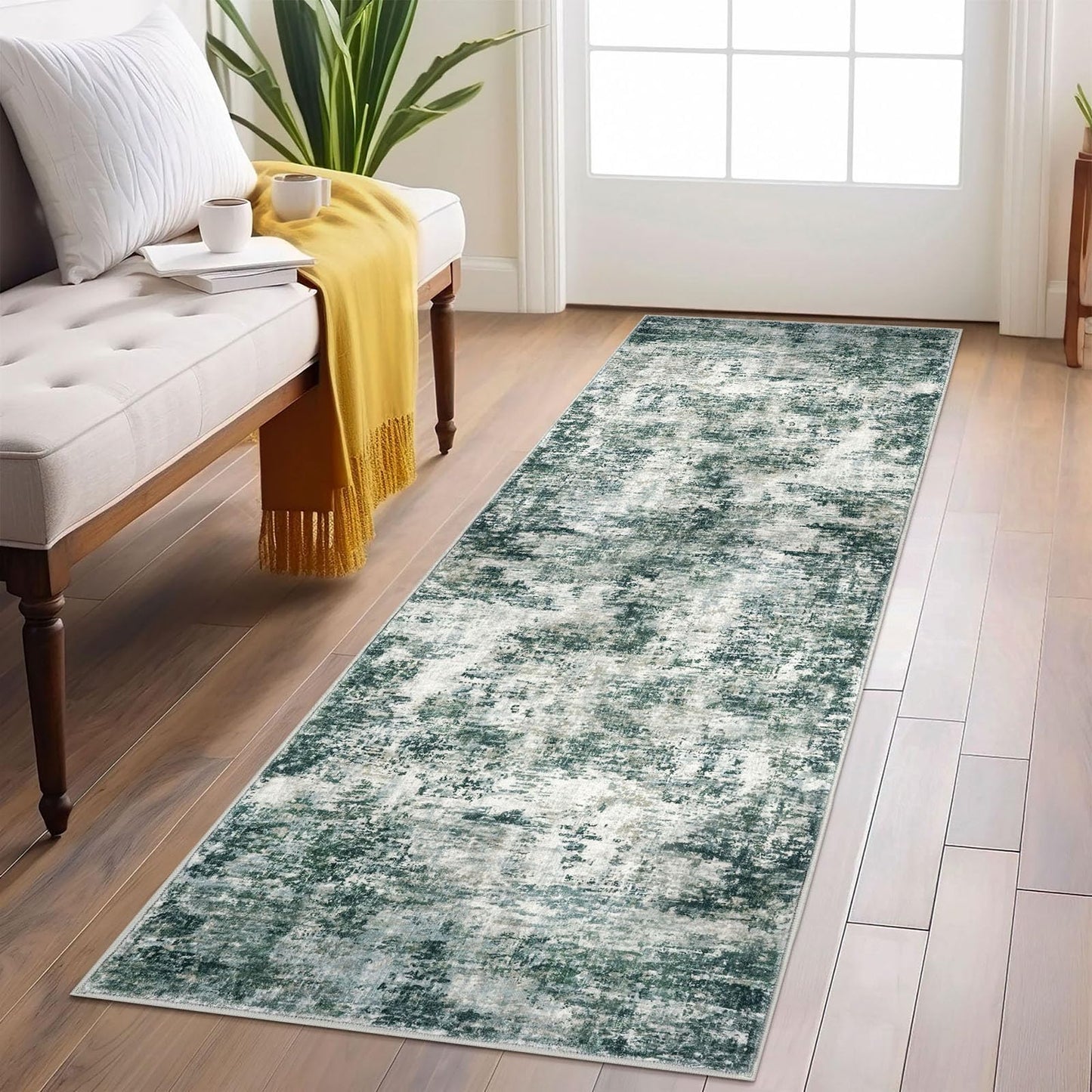 Lansny Modern Abstract Runner - 2x5, Beige Grey Washable Kitchen Entryway Rug Mat Non-Slip Soft Neutral Hallway Rug Thin Print Faux Wool Carpet for Bedroom Laundry Room Indoor BST220