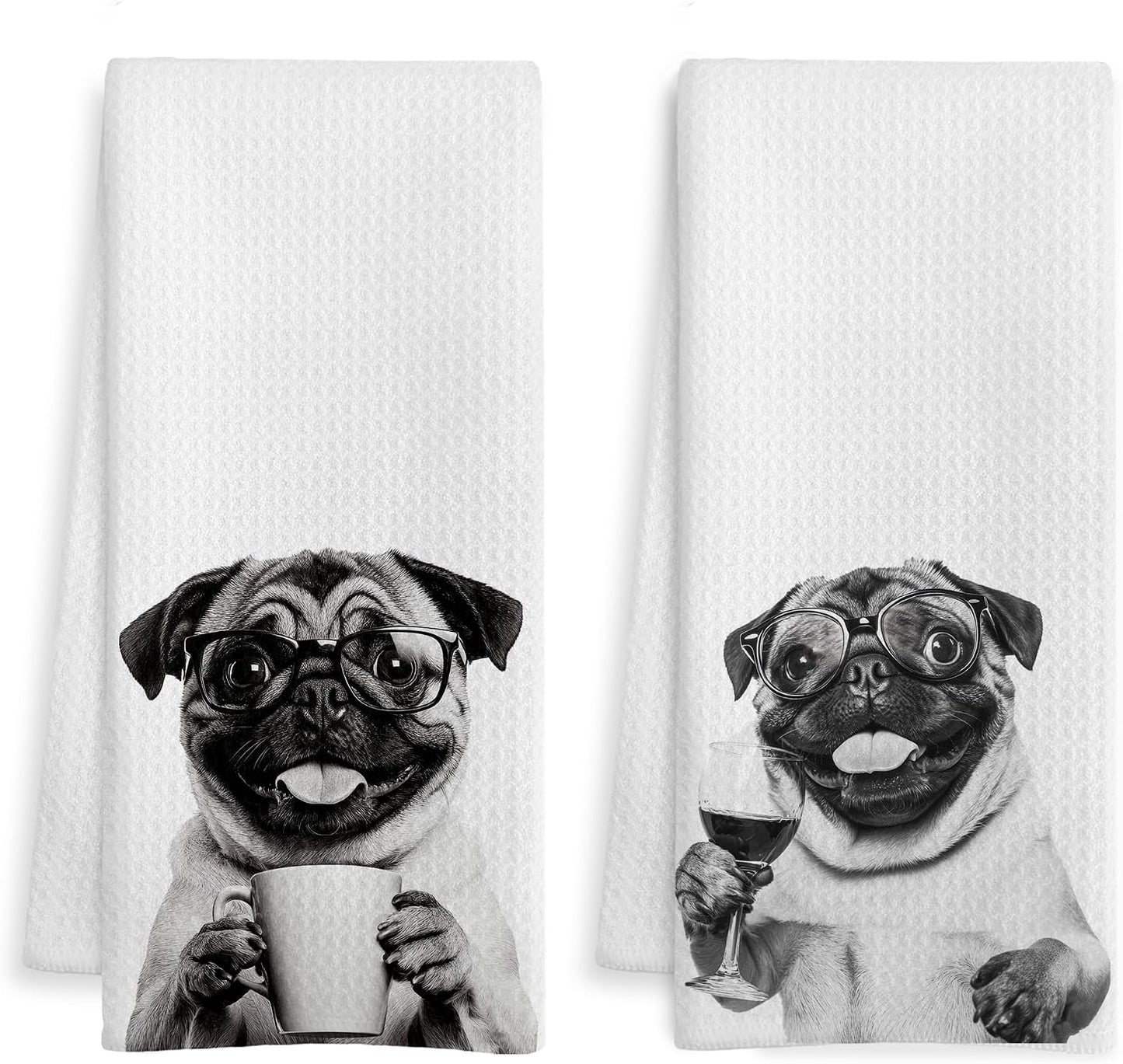 Funny Pug Kitchen Bar Towels, Gifts for Pug Lovers Dish Tea Towel, Wine Coffee Lover Gifts Decorative Hand Towels for Kitchen Bar Cart Decor, 16x24 Inch Set of 2 BST326L