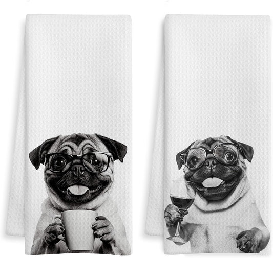 Funny Pug Kitchen Bar Towels, Gifts for Pug Lovers Dish Tea Towel, Wine Coffee Lover Gifts Decorative Hand Towels for Kitchen Bar Cart Decor, 16x24 Inch Set of 2 BST326L