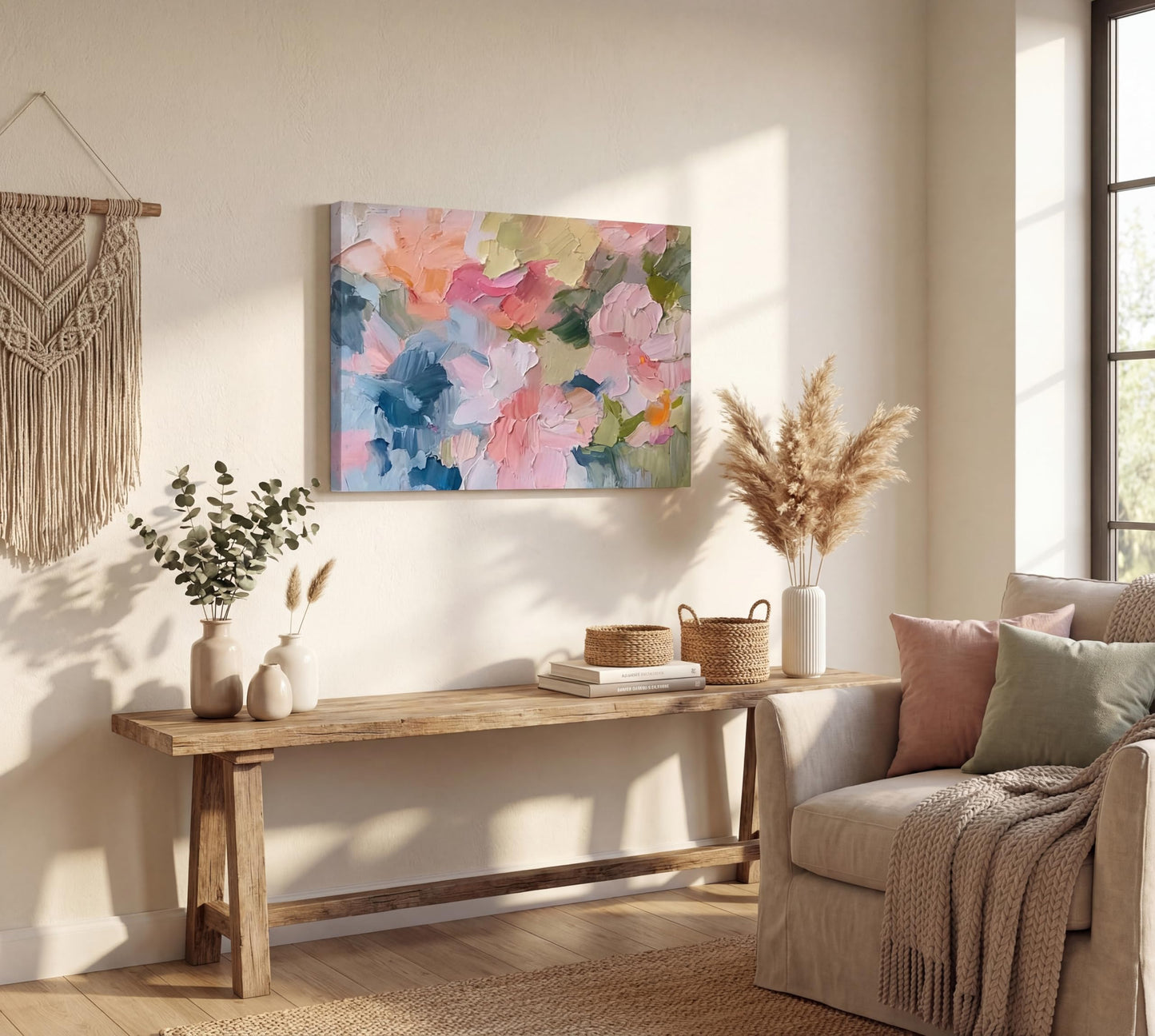 KKJ Pink Abstract Canvas Wall Art, 12 x 16 Inches | Modern Colorful Oil Painting Style Print, Danish Pastel Palette, Ready to Hang BST326H