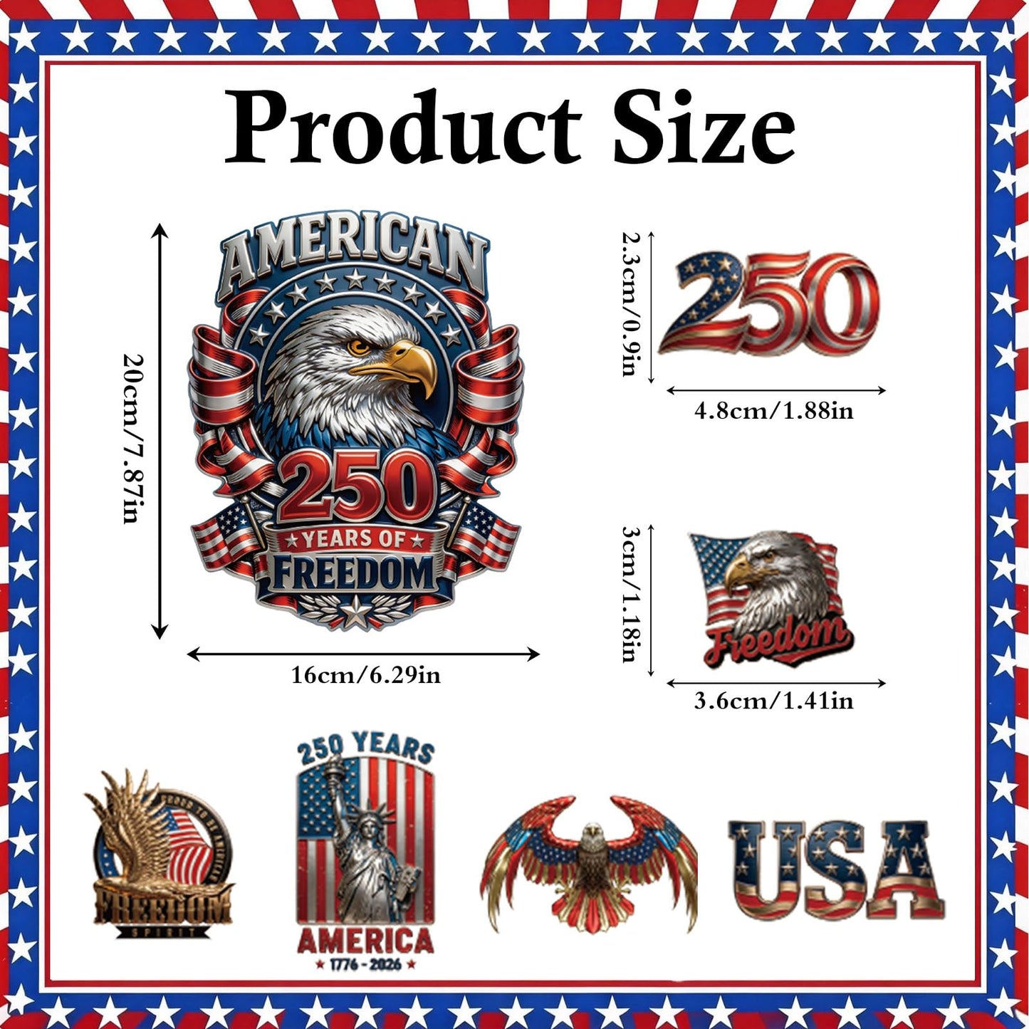 Dazoratix 250th Anniversary Car Decals - 7 Pcs Eagle 250 Years America Flag Merchandise American Patriotic USA 4th of July Independence Vinyl Rearview Mirror Stickers for Window Vehicle Tumbler Bumper BST326L