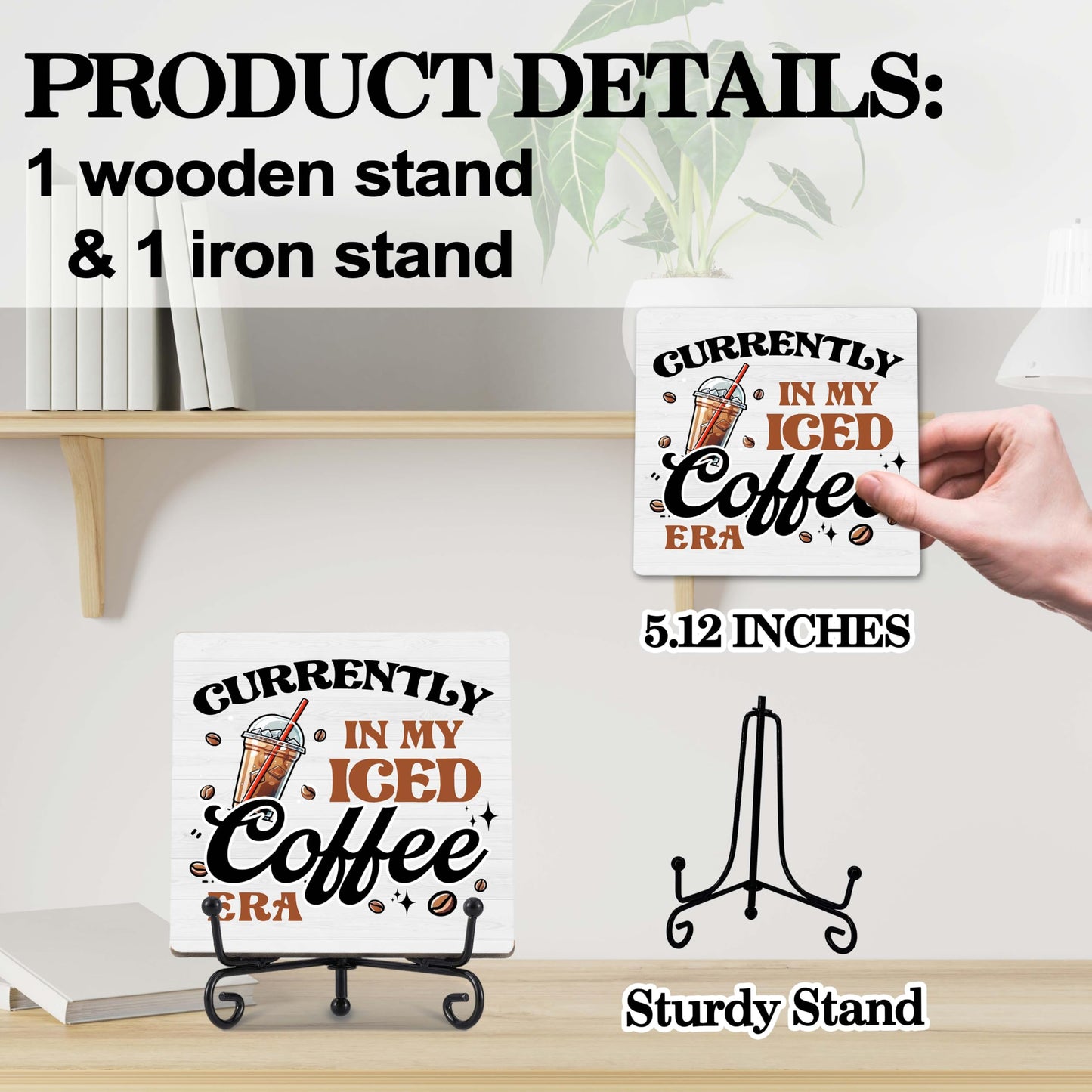 Coffee Bar Decor, Farmhouse Kitchen Table Decor, Coffee Station Accessories, Wooden Decorative Sign with Iron Stand for Table Desk Shelf Display-E21 BST220