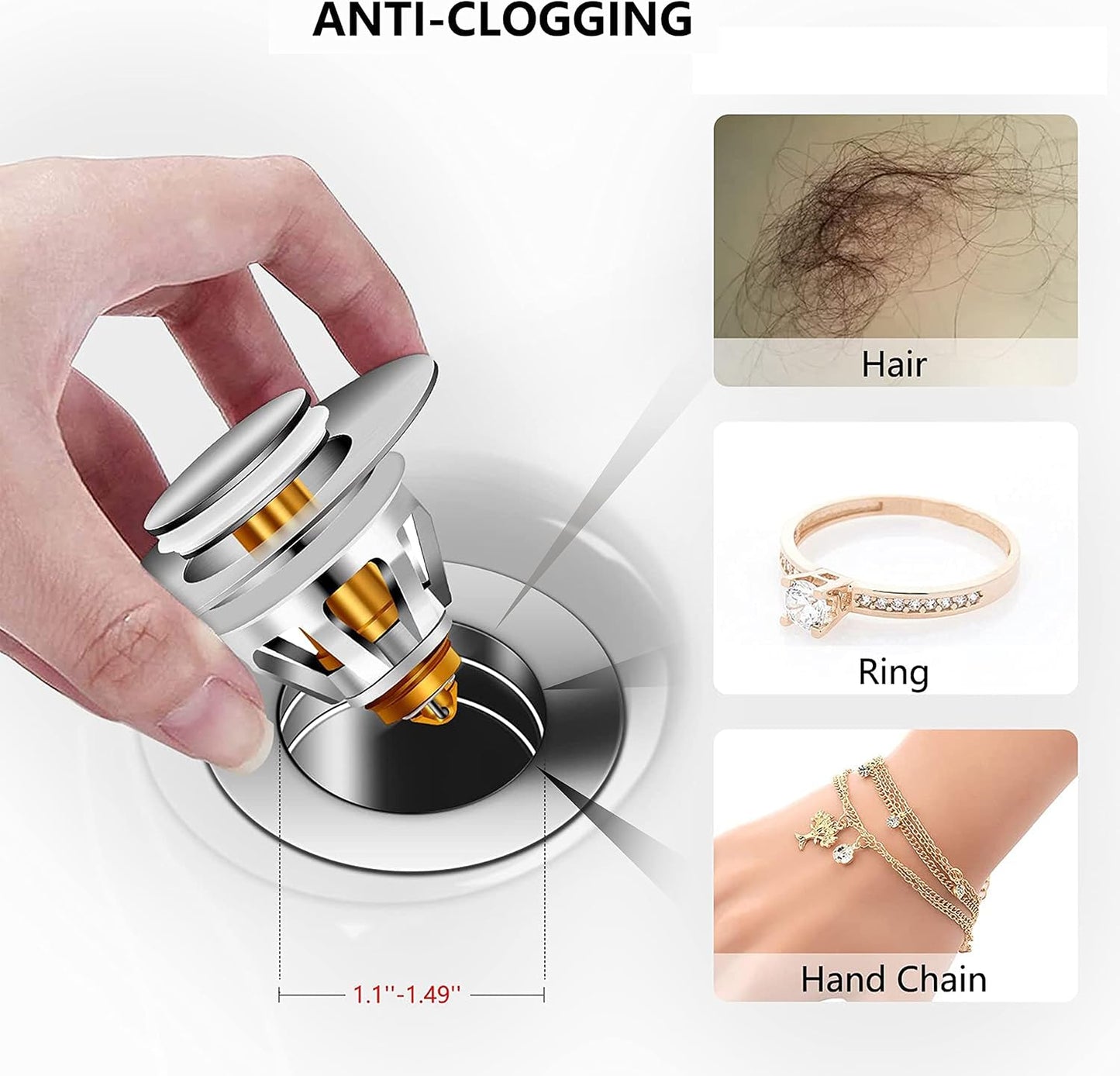 Universal Bathroom Sink Stopper | Pop Up Bathroom Sink Drain Strainer Plug for 1.06"-1.96" Basin Drain Holes | Rust-Proof Stainless Steel Sink Drain Stopper WN420