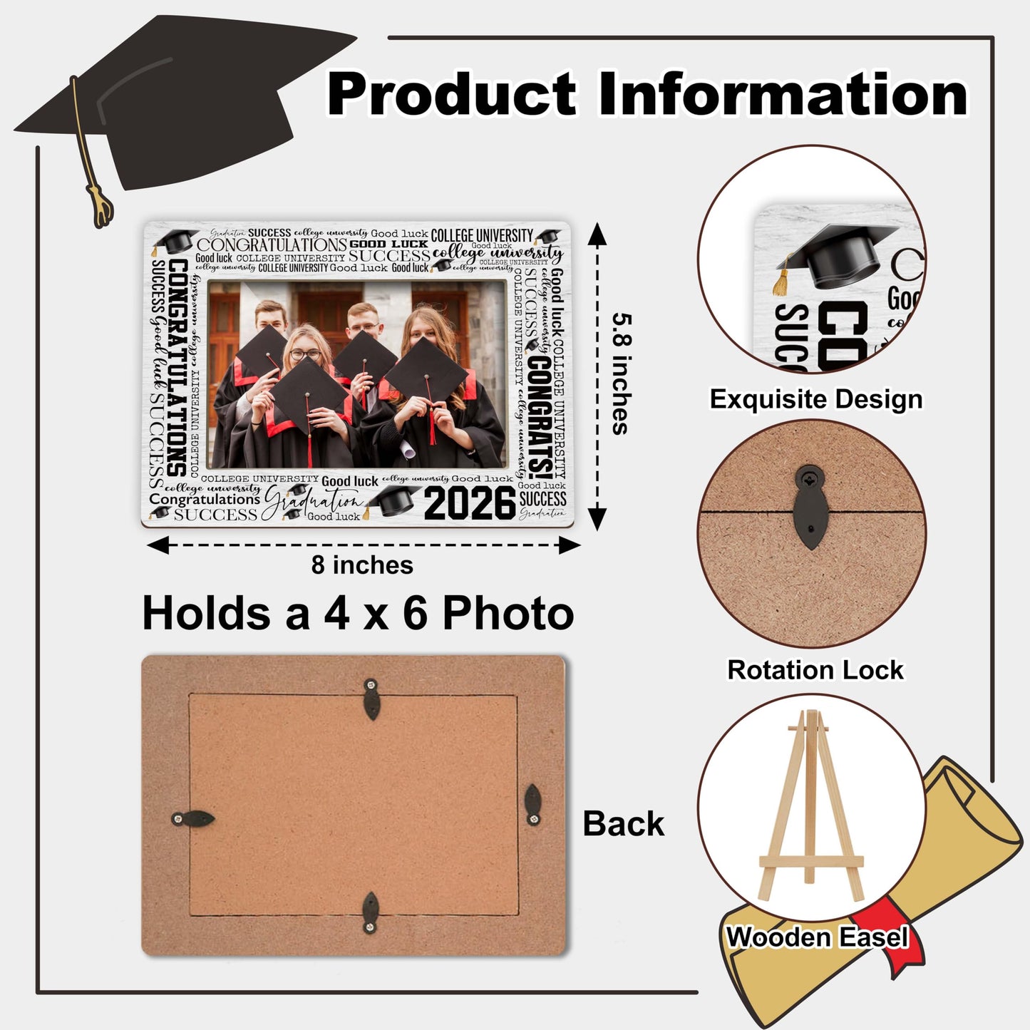 Graduation Picture Frame, 2026 Graduation Frames with Easel, 4x6 Photo Insert for Party Tabletop Display, Congrats Grad Gifts for Her Him High School College - B04 BST220
