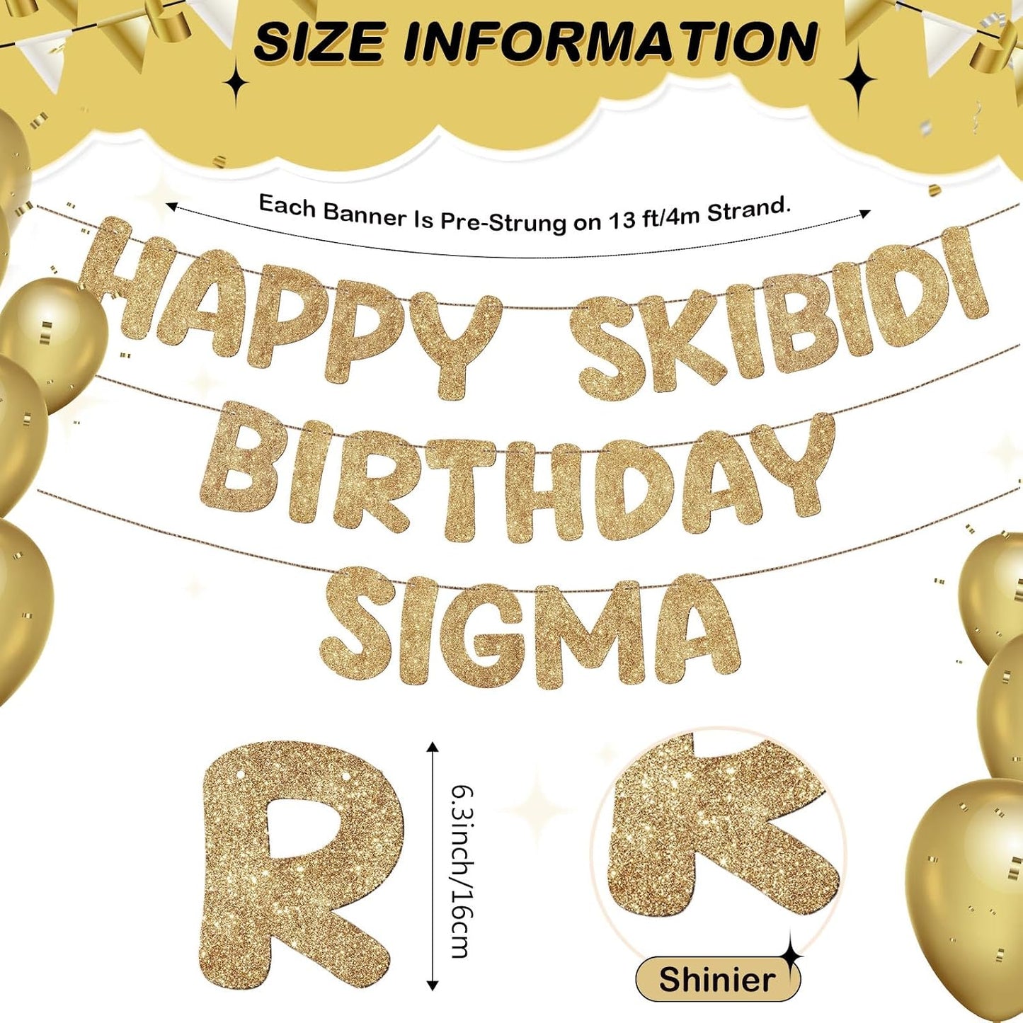 Fulmoon Pre Strung Happy Skibidi Birthday Sigma Banner Glitter Funny Zoomer Gen Z Slang Birthday Party Supplies Gen Z Slag Party Decorations Sign Gift(Champagne Gold) WN420
