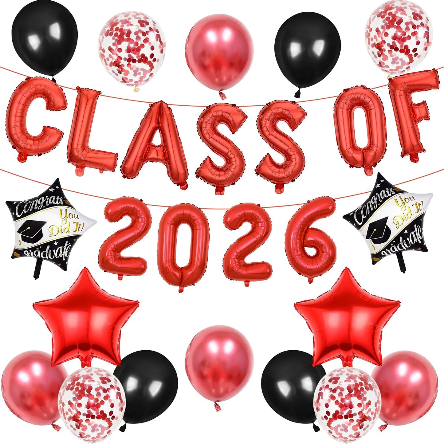 Graduation Party Decorations 2026 Balloons - 27 Pcs Red Black Class Of 2026 Banners Foil Graduation Cap Star Balloons Latex Balloon Set For High School College Graduation Party Decor Supplies BST326L