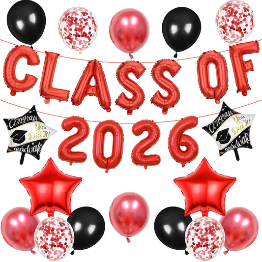 Graduation Party Decorations 2026 Balloons - 27 Pcs Red Black Class Of 2026 Banners Foil Graduation Cap Star Balloons Latex Balloon Set For High School College Graduation Party Decor Supplies BST326L