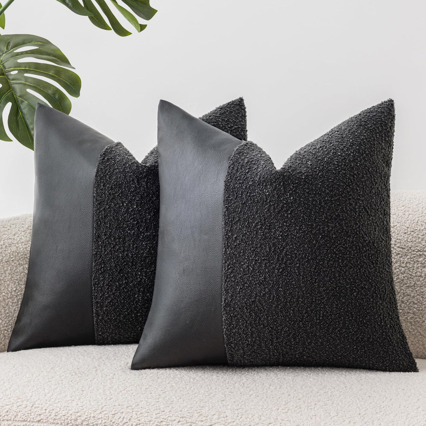 Set of 2 Fluffy Boucle Pillow Covers 18"x18", Oatmeal Textured Throw Pillow Covers with Faux Leather Accents, Boho Decorative Pillow Cases for Couch, Bed, or Farmhouse Home Decor BST220