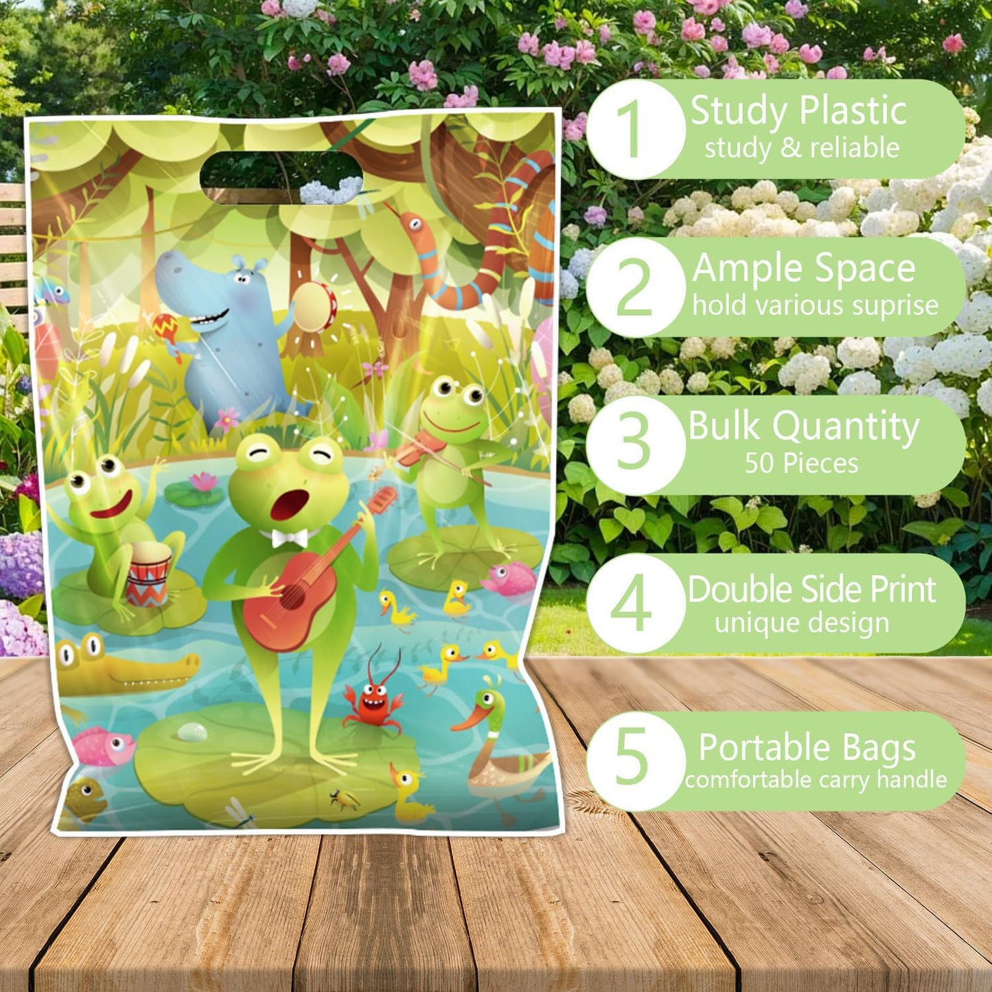 Falueqg Frog Party Favor Bags - 50 Pcs Green Frog Goodie Candy Gift Bags Summer Animal Theme Party Supplies for Birthday Baby Shower Decorations BST326H