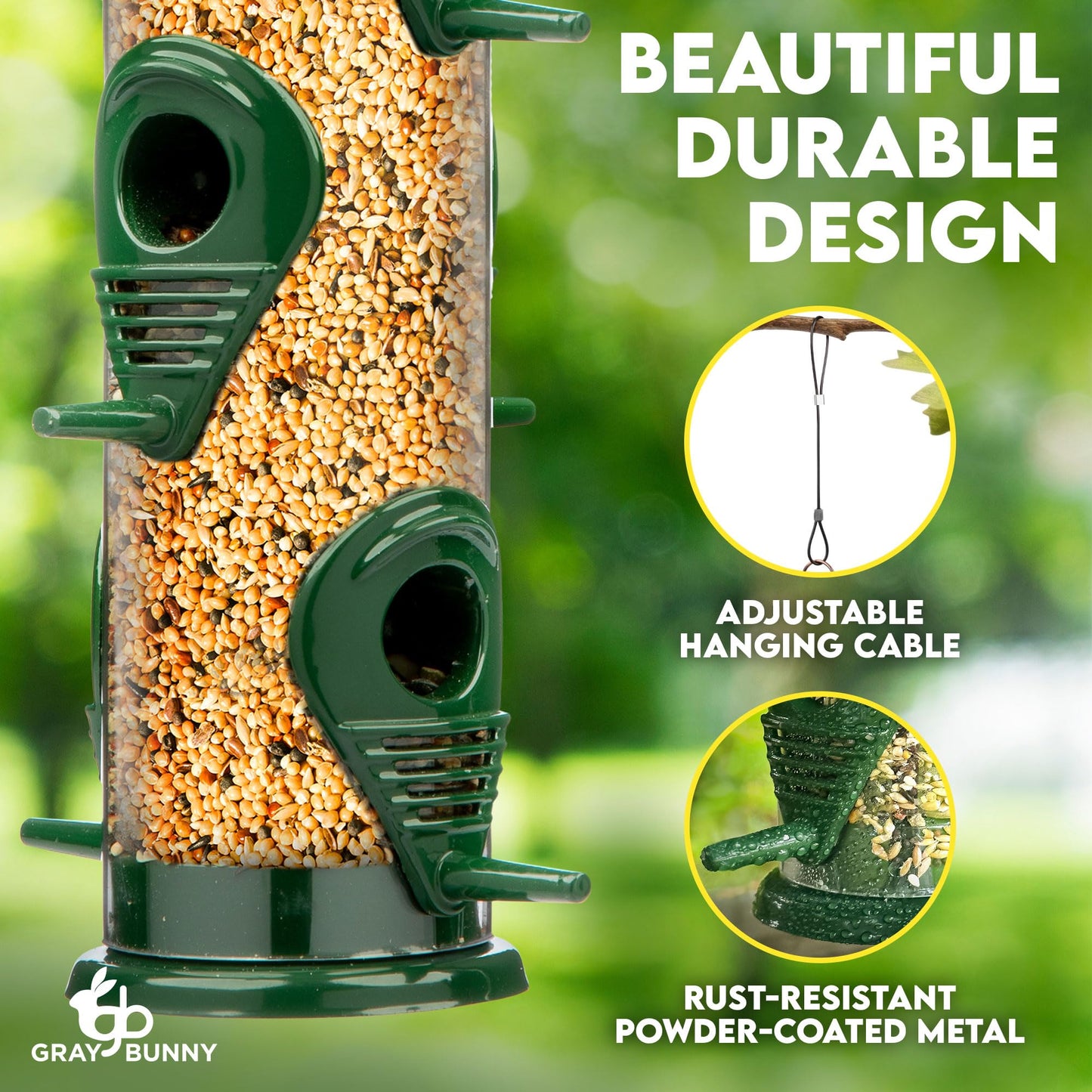 Bird Feeders for Outdoors (Green) Squirrel Proof Hanging Bird Feeder with Locking Lid & Adjustable Hanger RD12