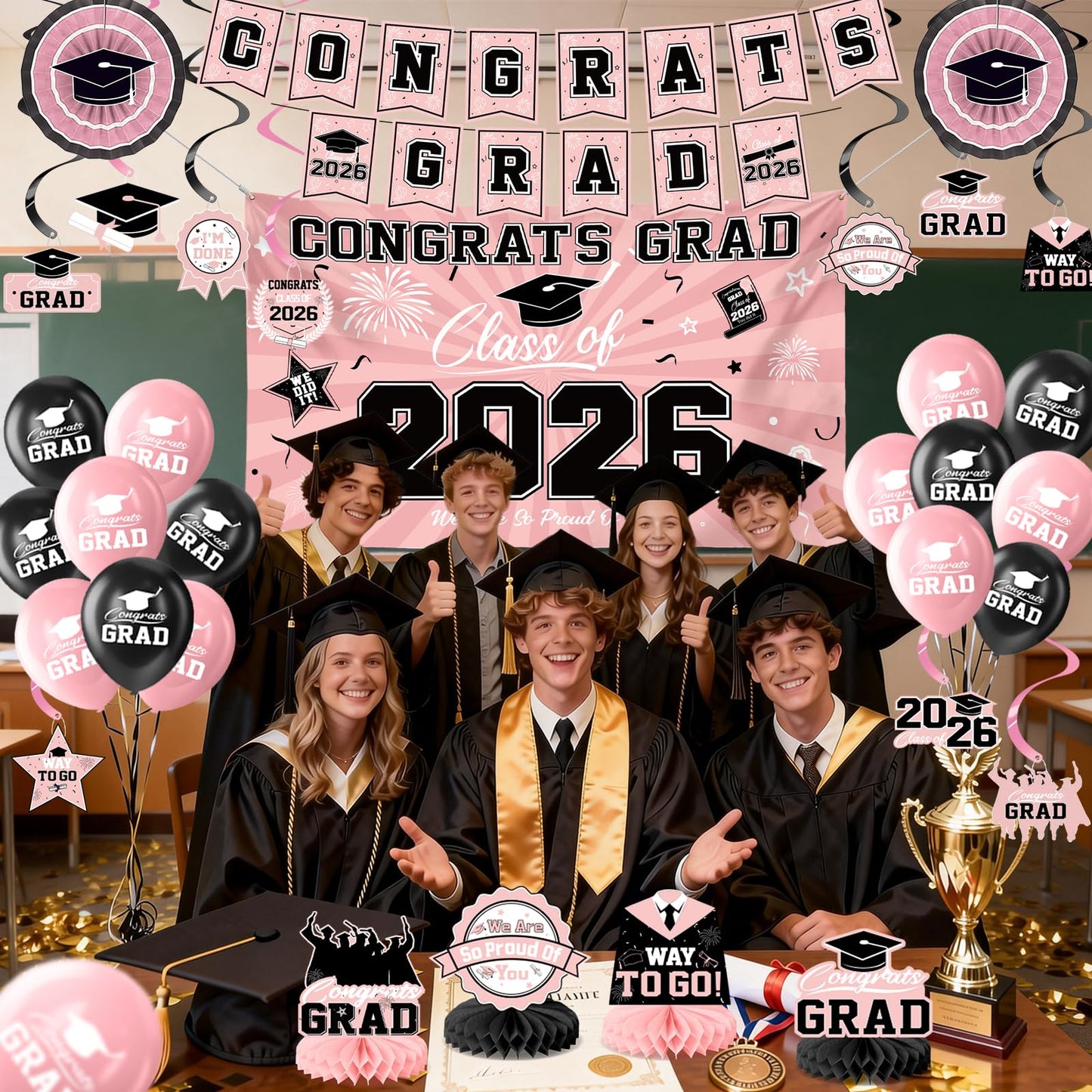 Graduation Decorations 2026-Blue and Black Graduation Party Decorations Supplies Class of 2026 with Graduation Banner, Backdrop, Balloons, Centerpieces, Hanging Swirl for Grad Party BST326H