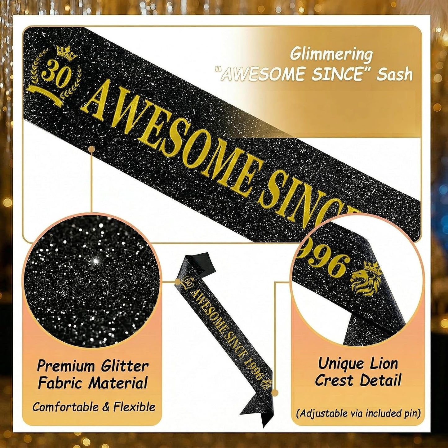 30th Birthday Sash - Unisex Black Glitter Leather Sashes with Gold Foil Letter Awesome Since 1996 for Men Women Decorations Party Supplies Accessories Gifts Outfit BST326L