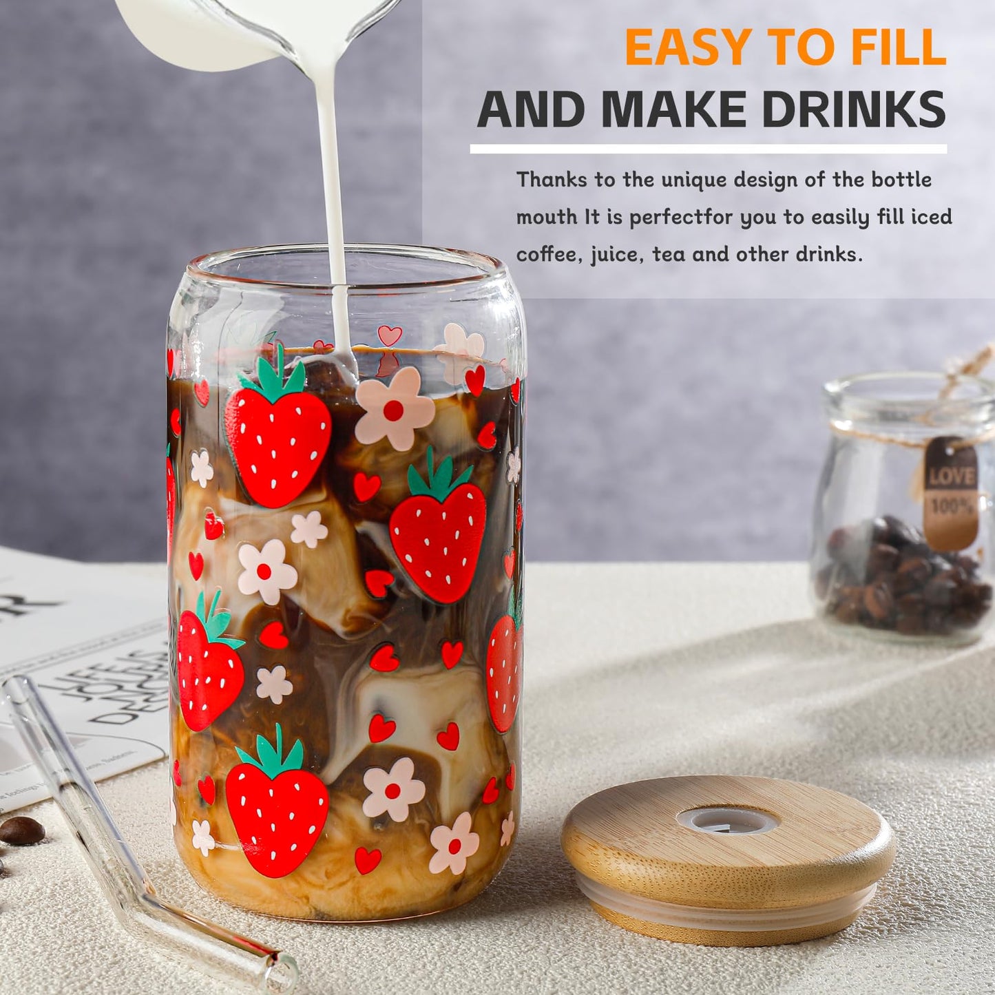 DWTS DANWEITESI Glass Cups “20oz”,Glass Cups with Lids and Straws 4 pcs-Coffee Cups,Drinking Glasses Set,Glass Tumbler with Straw and Lid Gift 2 Cleaning Brushes 600ml BST202
