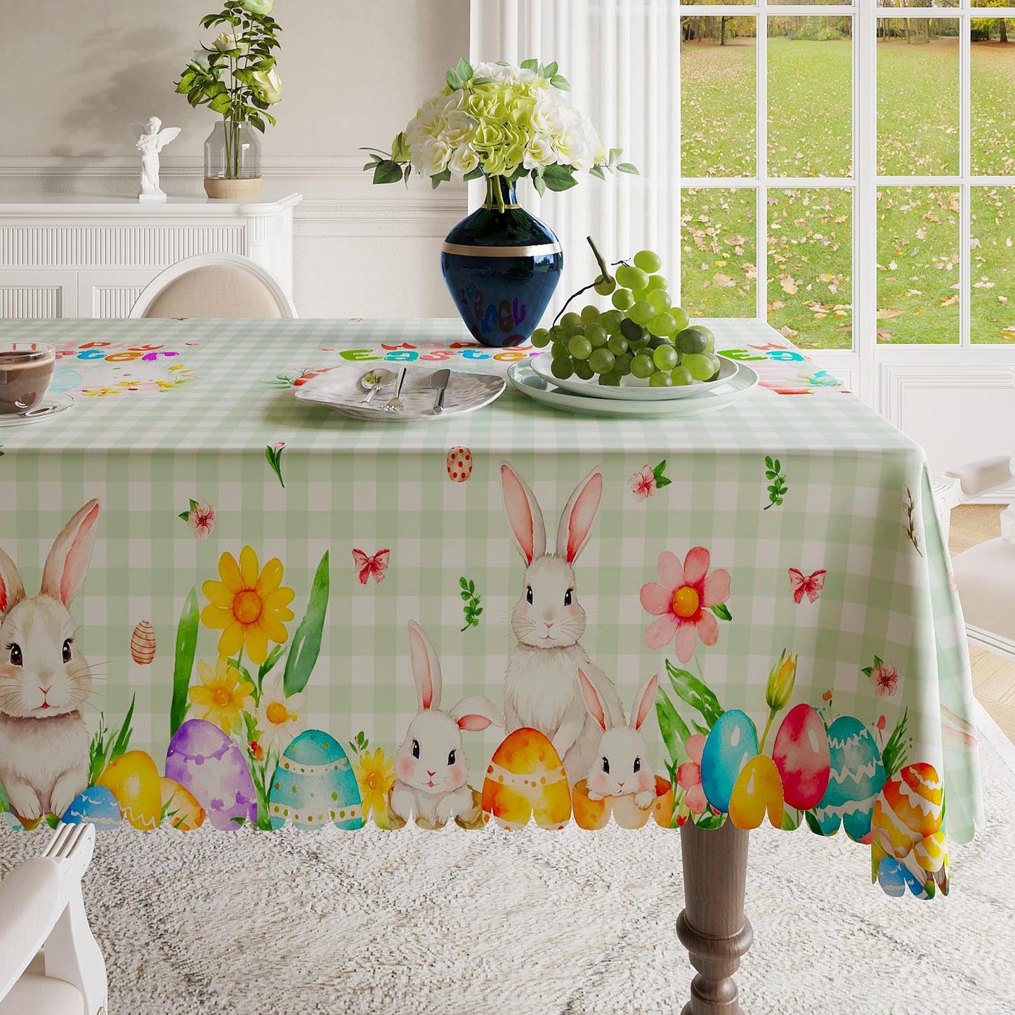 Easter Tablecloth 60x84 Inch Rectangular, Spring Tablecloth, Plaid Bunny Egg Washable Polyester Table Cloth, Fabric Table Cover for Party Picnic Dinner Decor,Easter E BST326H