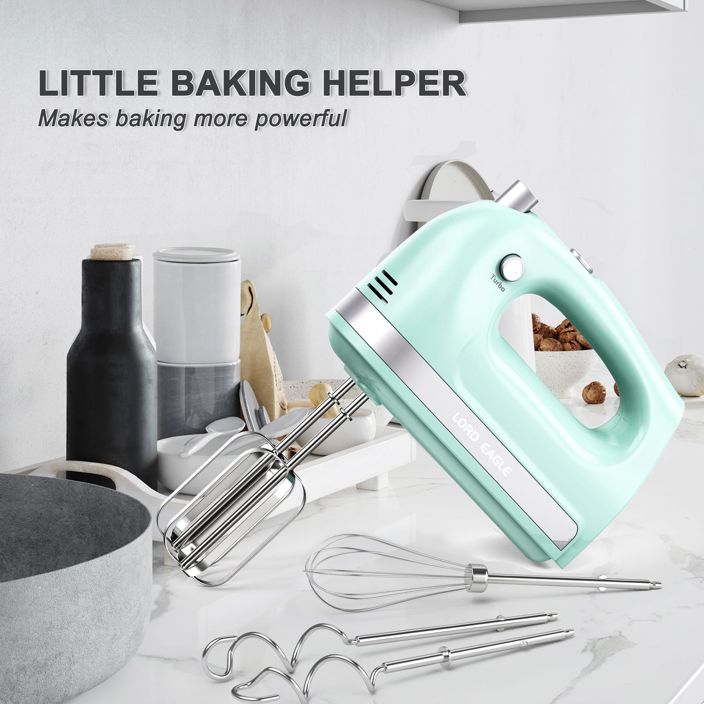 Lord Eagle Hand Mixer Electric Handheld 400W, 5-Speed Lightweight Kitchen Mixer with Storage Case, 5 Stainless Steel Attachments for Baking Cake Egg Cream Food Beater, Turbo+Eject Button, Pink