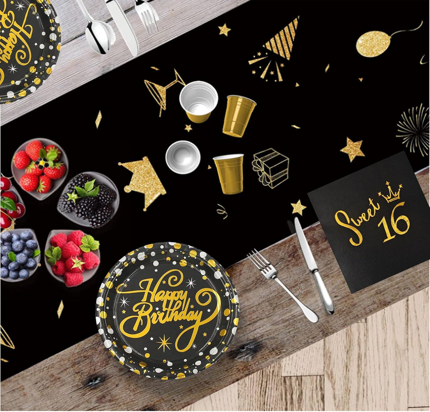 16th Birthday Party Supplies Disposable Tableware Napkins and Plates,Black and Gold Napkins and Plates Set for 16th Girl Birthday Party Decoration Service 20 BST326L